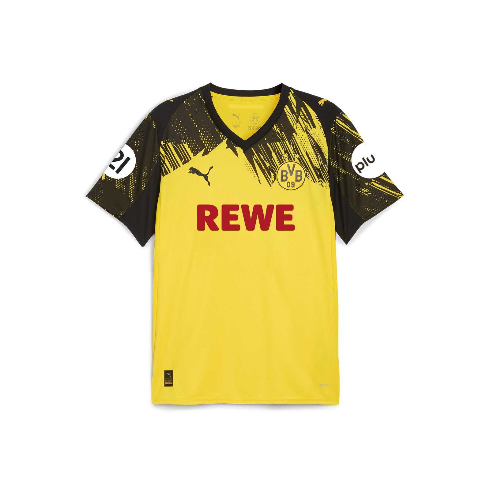 Vorderansicht des gelben BVB Heimtrikots 25/26 Frauenfußball für Kinder mit schwarzem Schraffurmuster auf den Ärmeln und im Kragenbereich. Mit Rewe-Logo auf der Brust, darüber das PUMA-Logo und das BVB-Logo, Pluto- und DSW21-Logos auf den Ärmeln