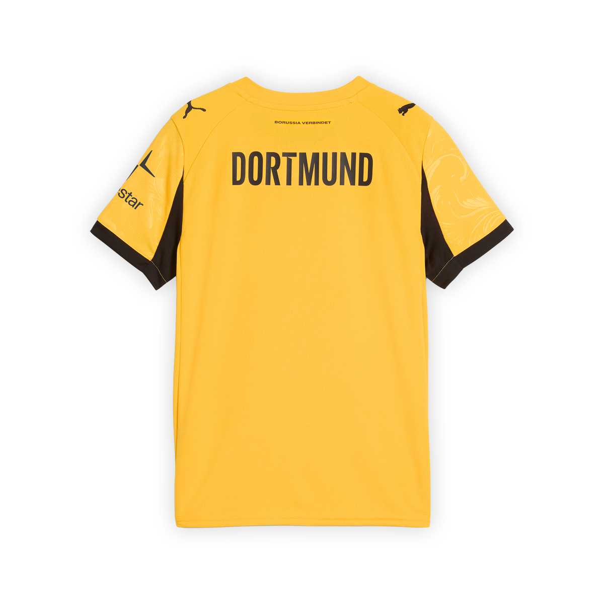 Rückansicht des gelben BVB-Cuptrikot 25/26 für Kinder mit schwarzem DORTMUND-Schriftzug auf dem oberen Rücken.