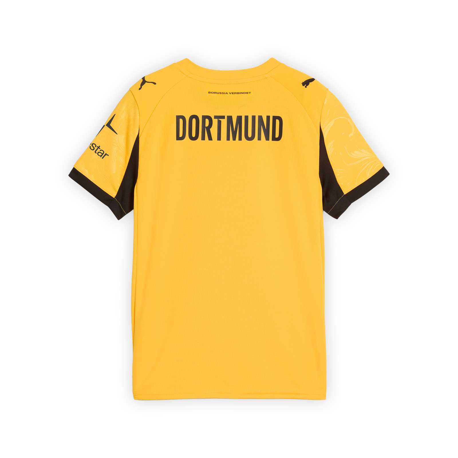 Rückansicht des gelben BVB-Cuptrikot 25/26 für Kinder mit schwarzem DORTMUND-Schriftzug auf dem oberen Rücken.