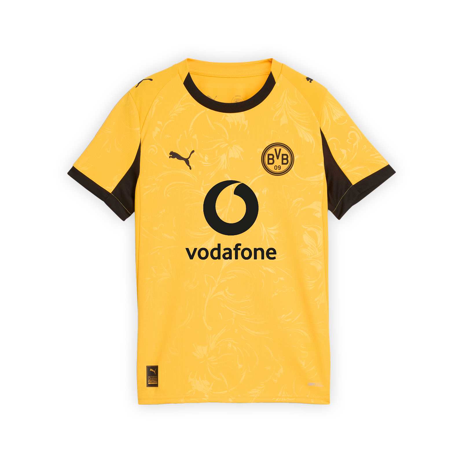 Vorderansicht des gelben BVB Cuptrikots 25/26 für Kinder mit Rundhals-Ausschnitt, Vodafone-Logo mittig auf dem Brustbereich, darüber links das PUMA-Logo und rechts das BVB-Retro-Logo