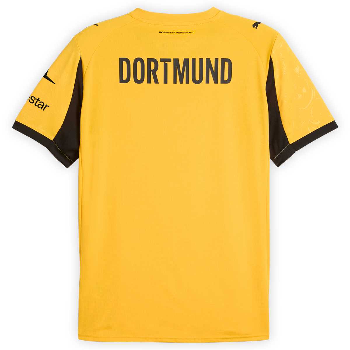 Rückansicht des gelben BVB-Cuptrikot 25/26 mit schwarzem DORTMUND-Schriftzug auf dem oberen Rücken.