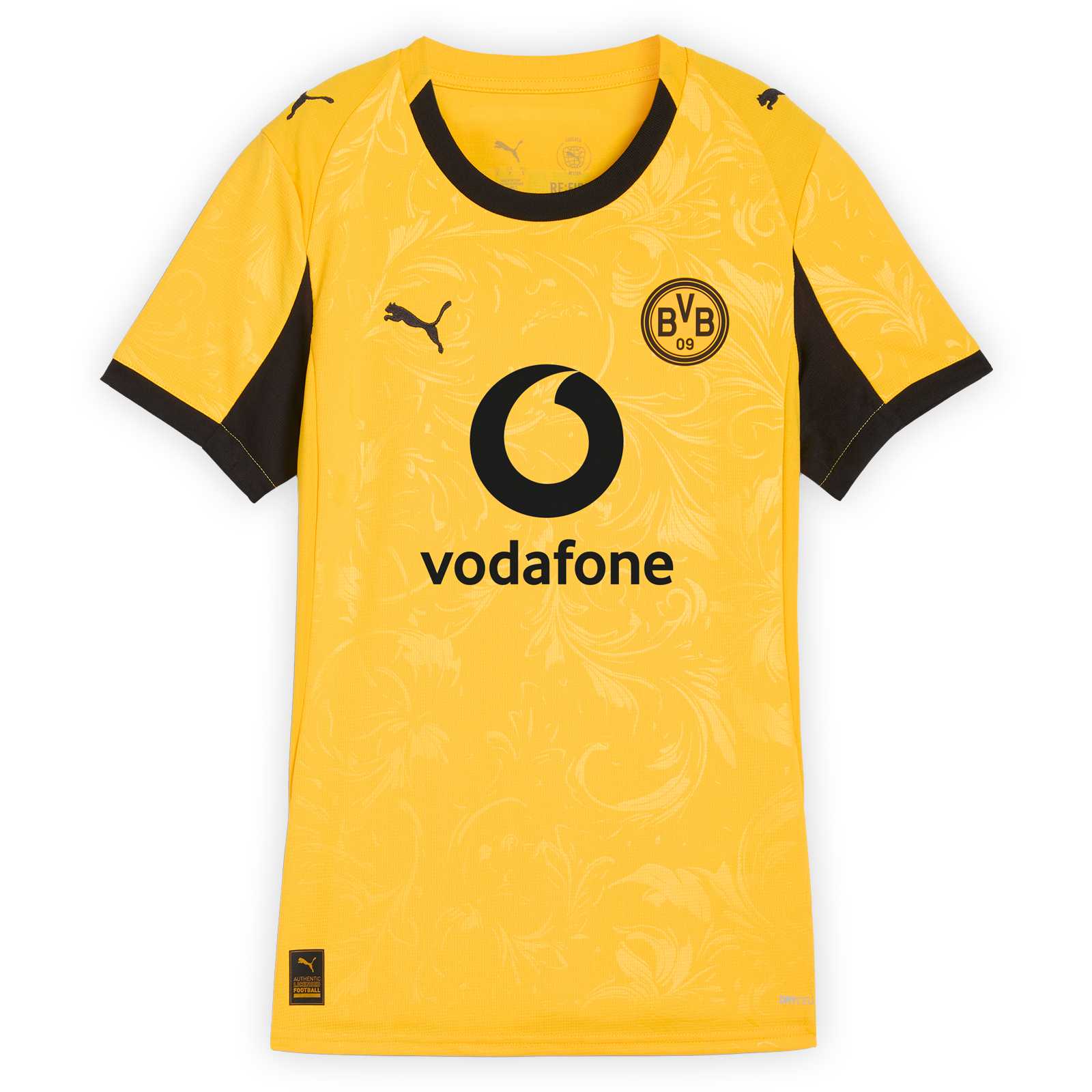 Vorderansicht des gelben BVB Cuptrikots 25/26 für Frauen mit Rundhals-Ausschnitt, Vodafone-Logo mittig auf dem Brustbereich, darüber links das PUMA-Logo und rechts das BVB-Retro-Logo