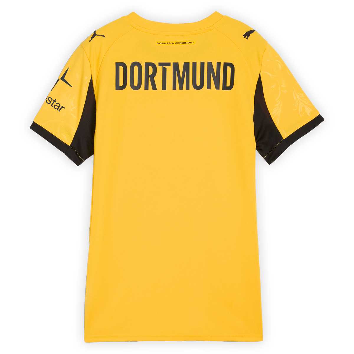 Rückansicht des gelben BVB-Cuptrikot 25/26 für Frauen mit schwarzem DORTMUND-Schriftzug auf dem oberen Rücken.