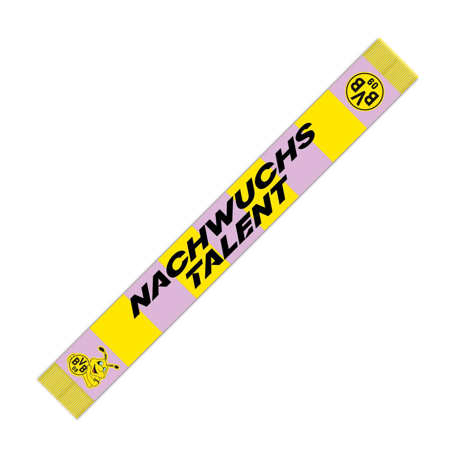 Vorderansicht des BVB-Kinderschals mit dem Schriftzug Nachwuchstalent, dem BVB-Emblem, einem EMMA-Motiv und gelb-violetten Streifen