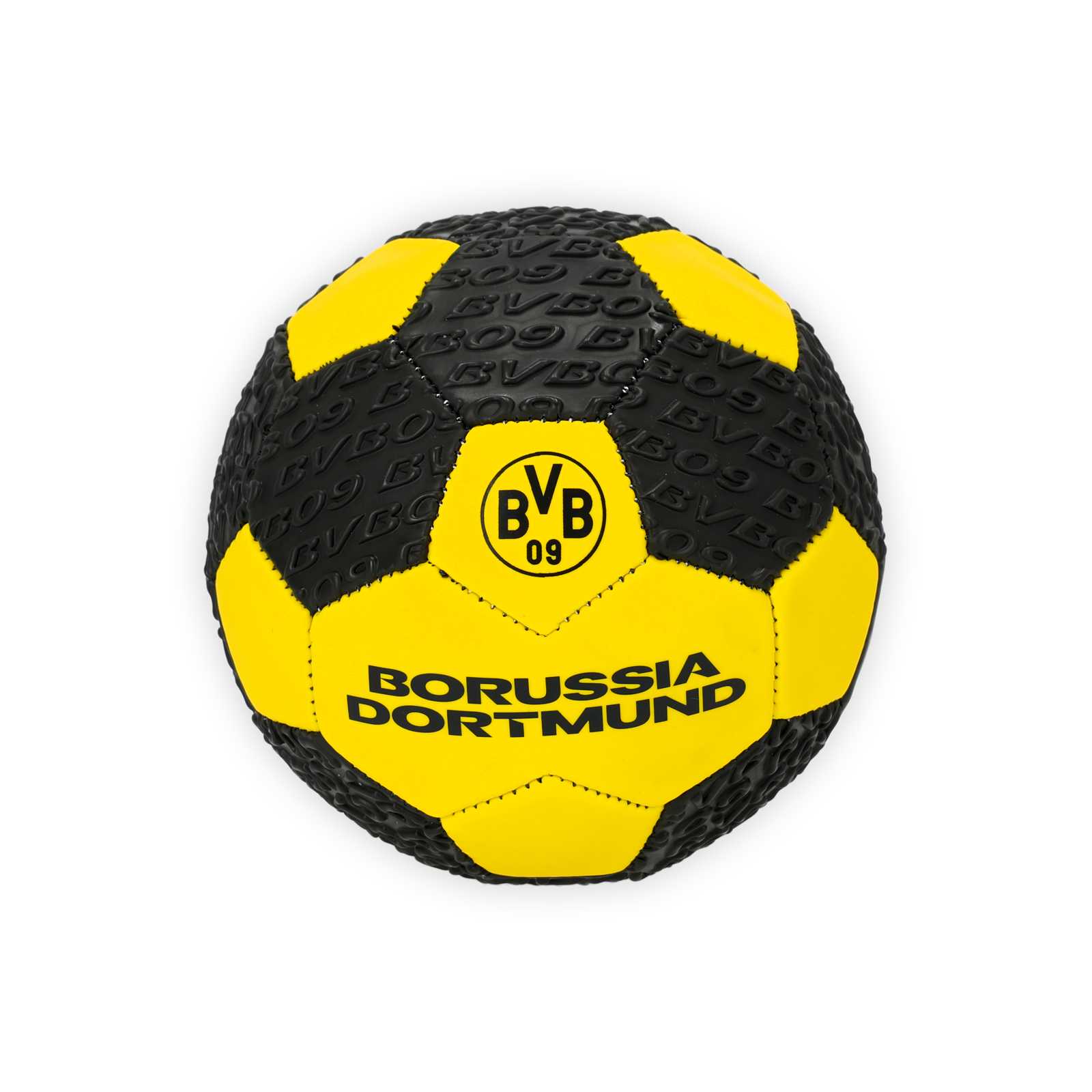 Schwarzgelber Fußball mit und BVB-Logo, "Borussia Dortmund"-Aufschrift und Struktur in der Oberfläche.