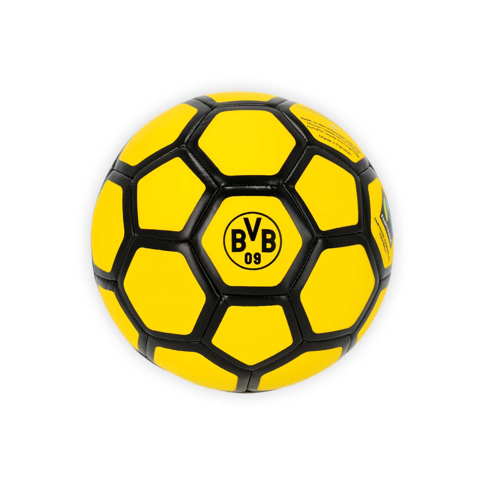 Schwarzgelber Fußball mit BVB-Logo.