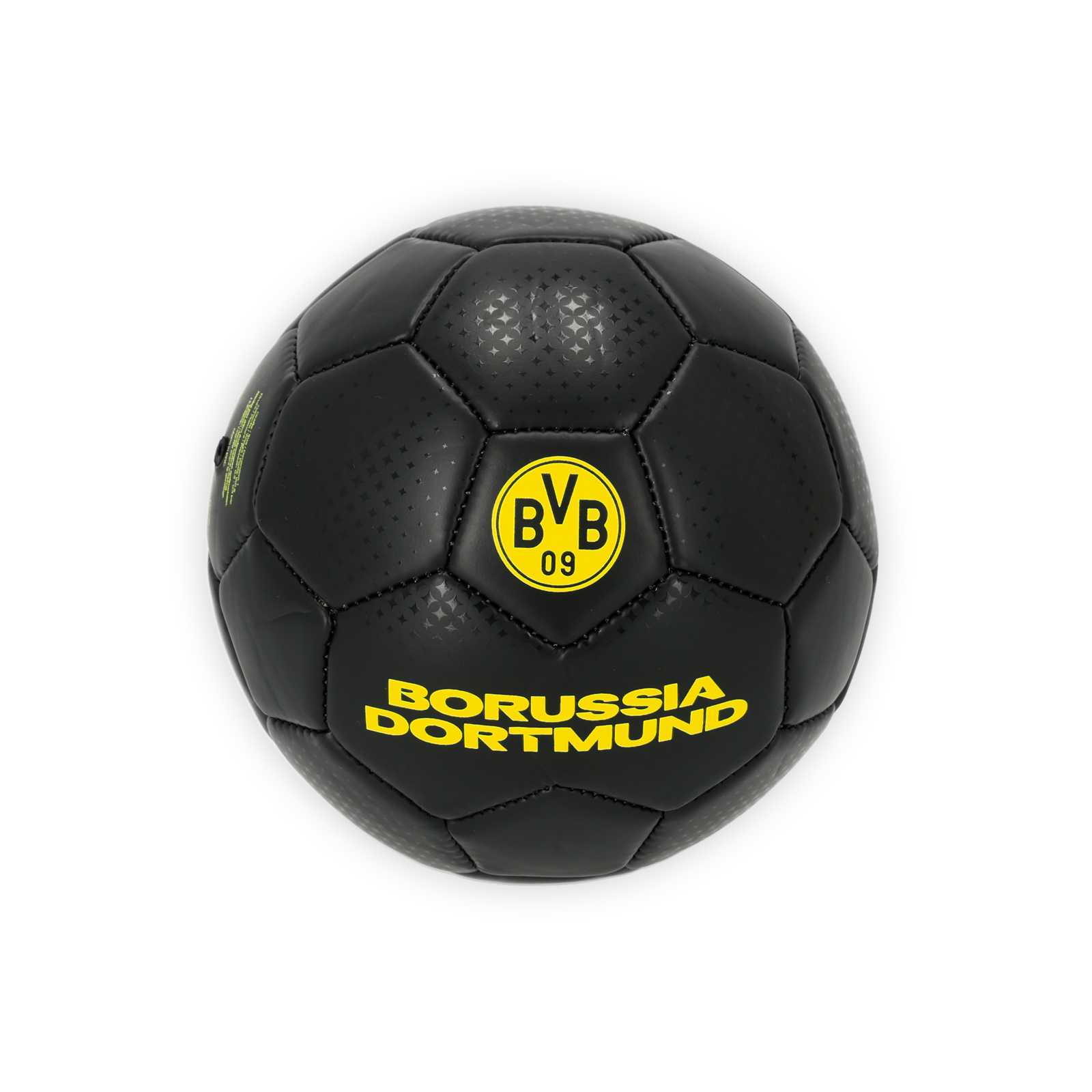 Schwarzer Fußball mit BVB-Logo und "Borussia Dortmund"-Aufschrift.