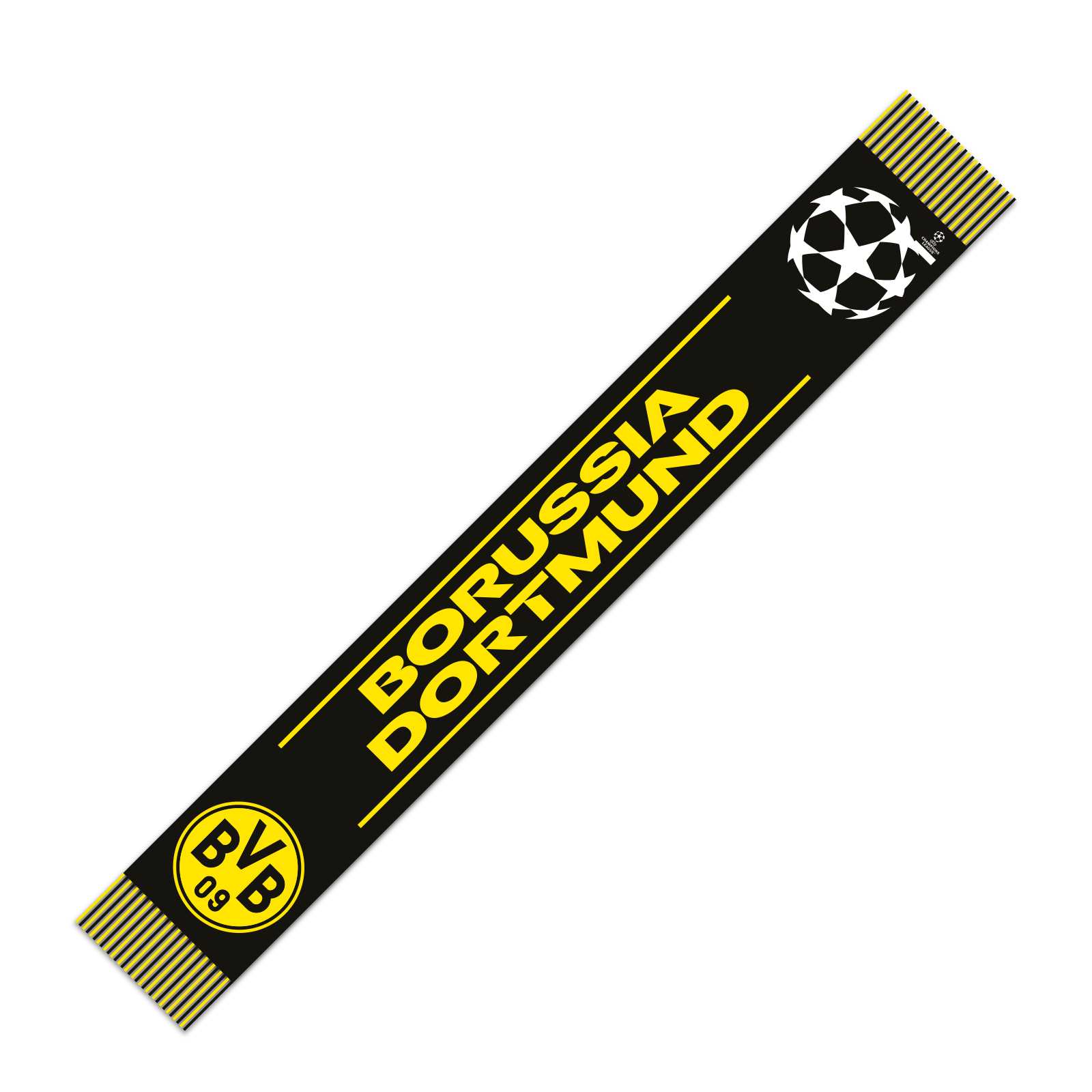 Schwarze Vorderseite des Schals mit "Borussia Dortmund"-Aufschrift sowie BVB- und CL-Logo.