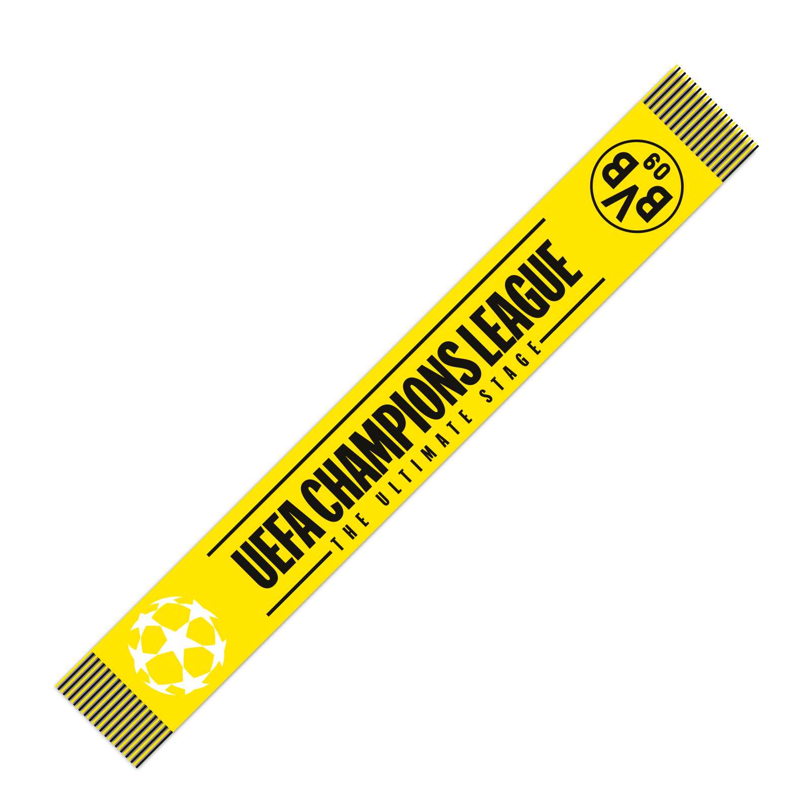 Gelbe Rückseite des Schals mit UEFA Champions League – The Ultimate Stage“-Aufschrift sowie BVB- und CL-Logo.