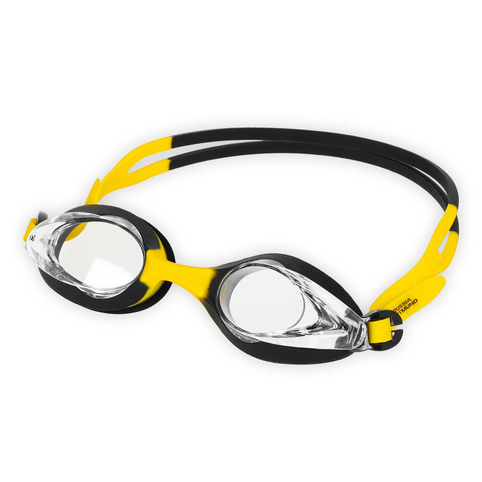 Schwarzgelbe Schwimmbrille auf weißem Hintergrund von vorne.
