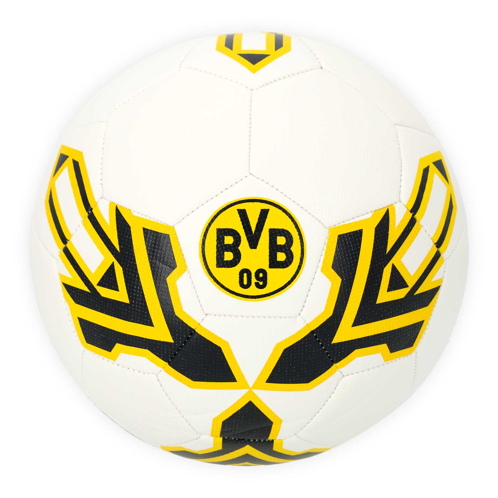 Weißer Fußball mit gelbem Muster und BVB-Logo.