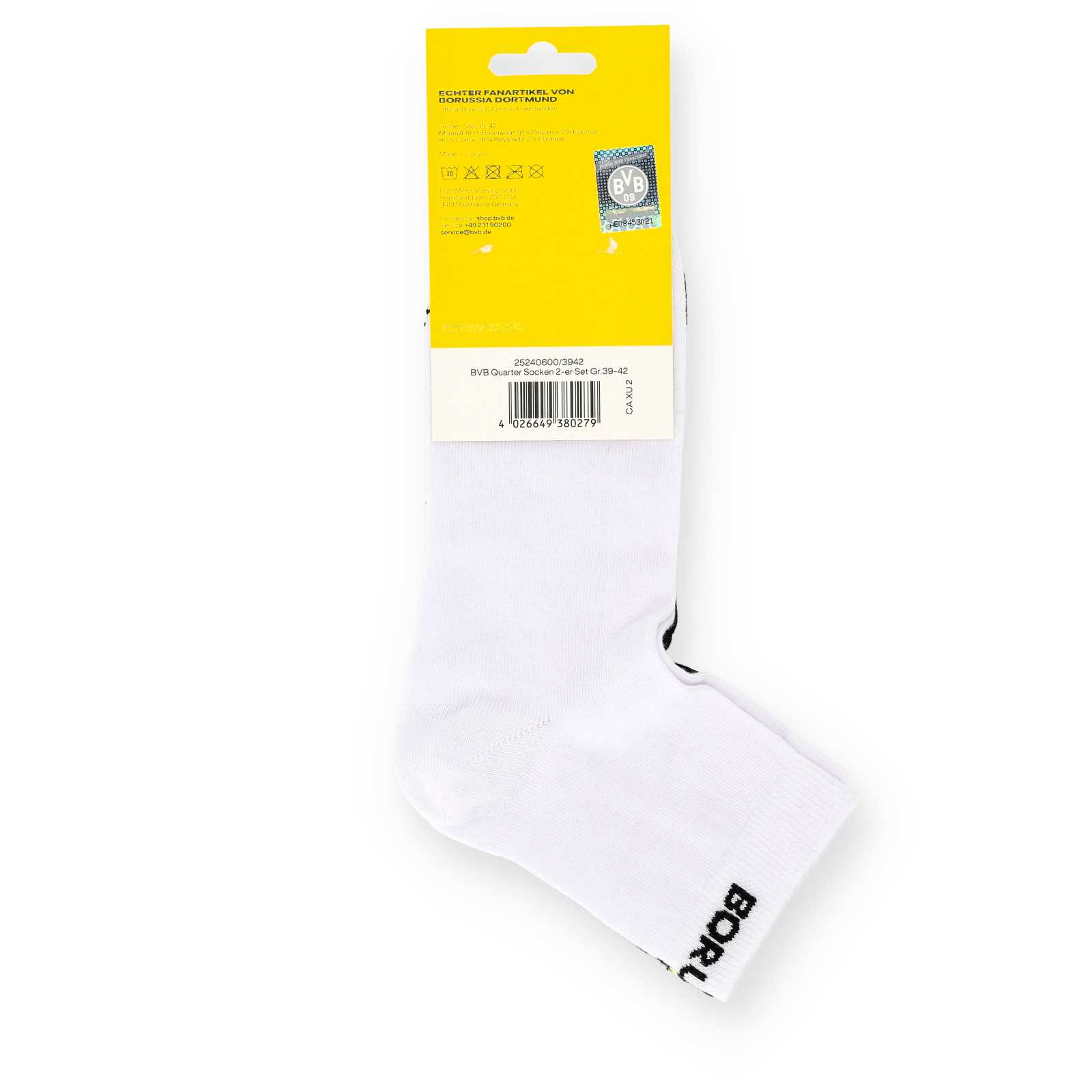 Seitenansicht der weißen Socken mit schwarzem Borussia Dortmund-Schriftzug im Blister.