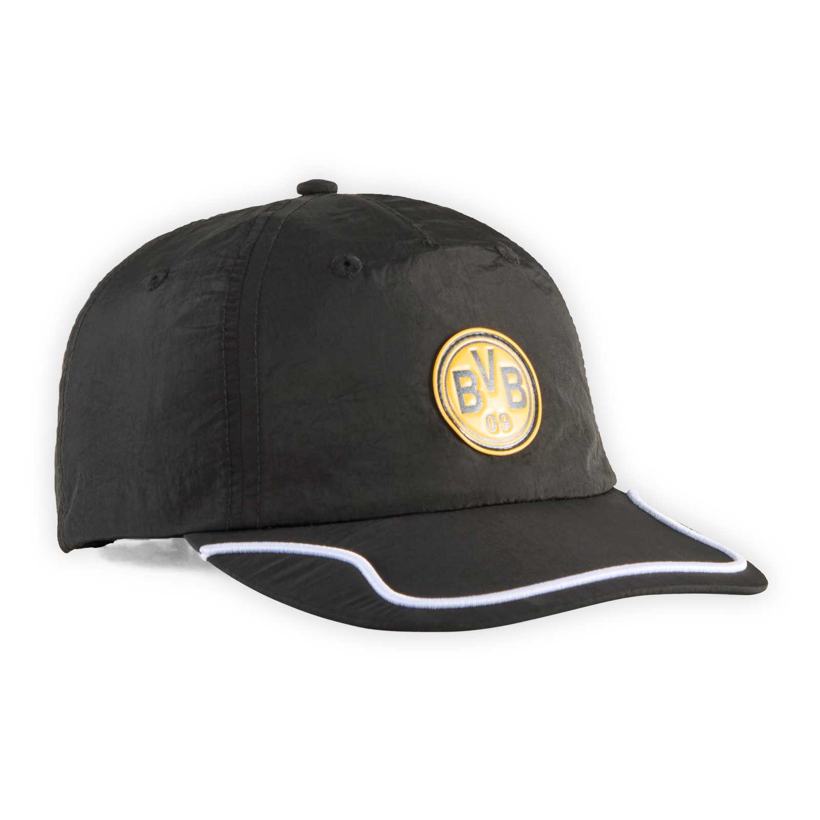 Vorderansicht der schwarzen BVB-Kappe mit Retro-Emblem über dem Schirm und weißer Schirm-Naht