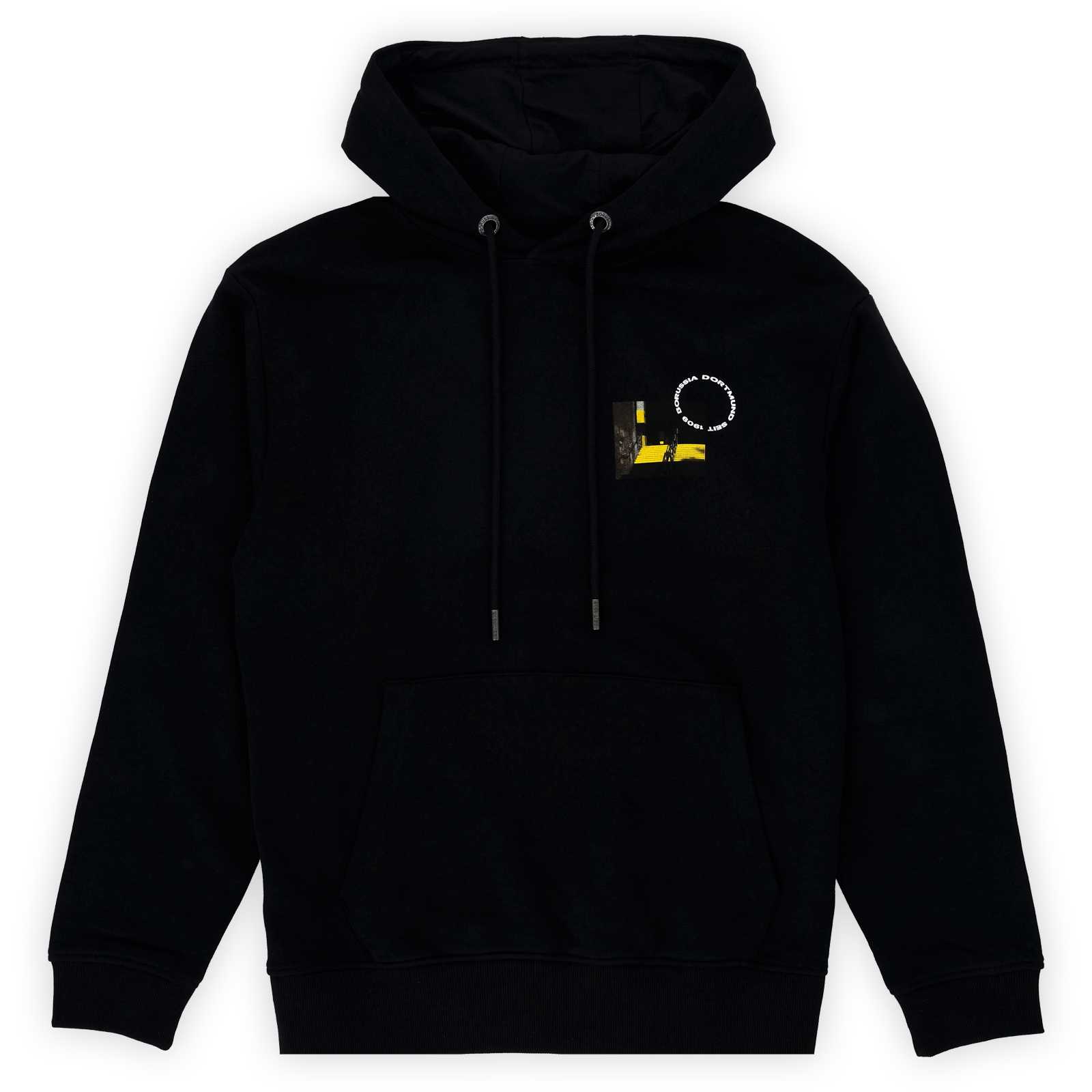 Die Vorderansicht des schwarzen Matchday-Hoodies mit einem Bild vom Treppenaufgang zur Südtribüne auf der linken Brust, teilweise überlagert von einem runden Borussia Dortmund seit 1909-Schriftzug.