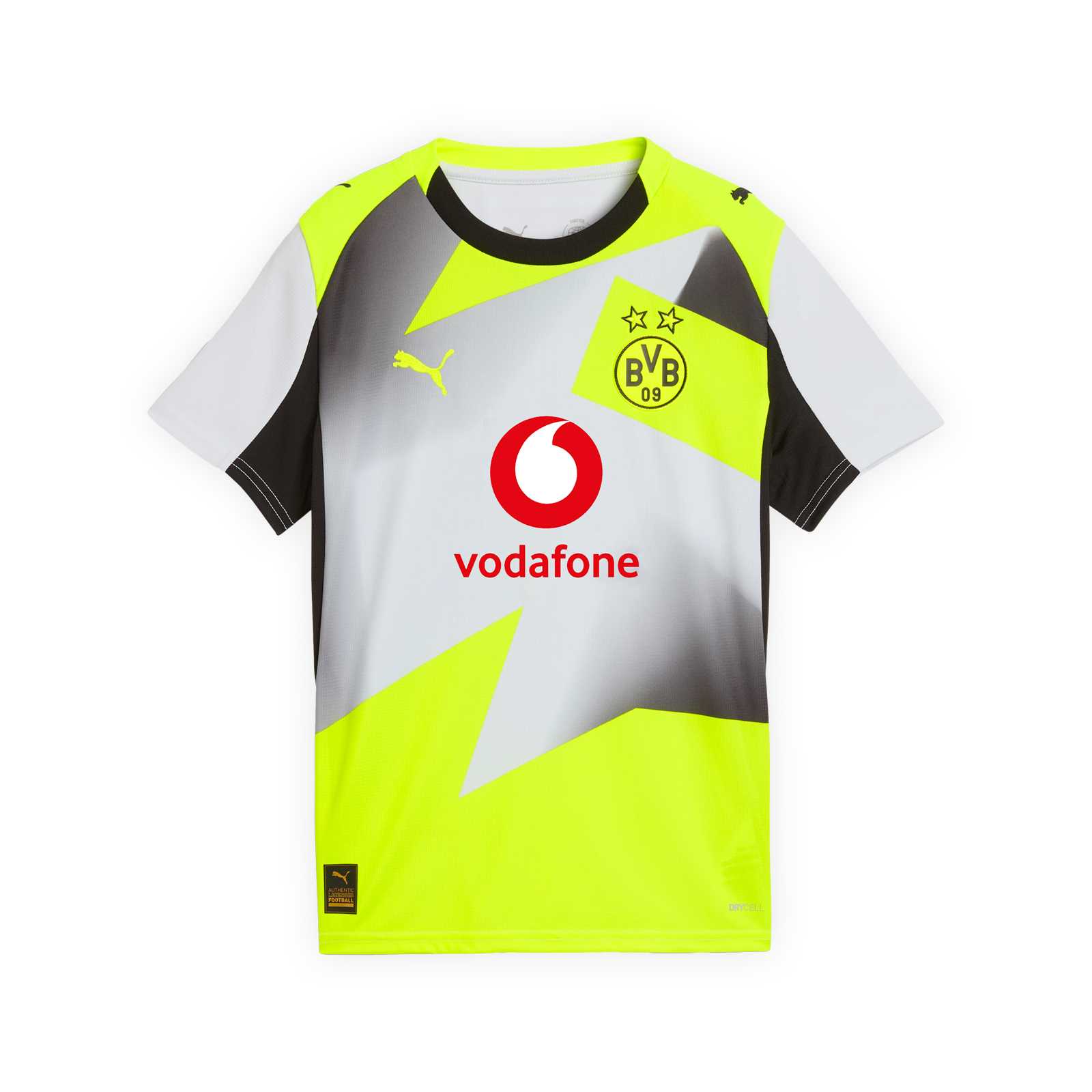 Vorderansicht des grau-schwarz-neon Auswärtstrikots mit rot-weißen Vodafone-Logo, BVB-Emblem und PUMA-Katze auf der Brust