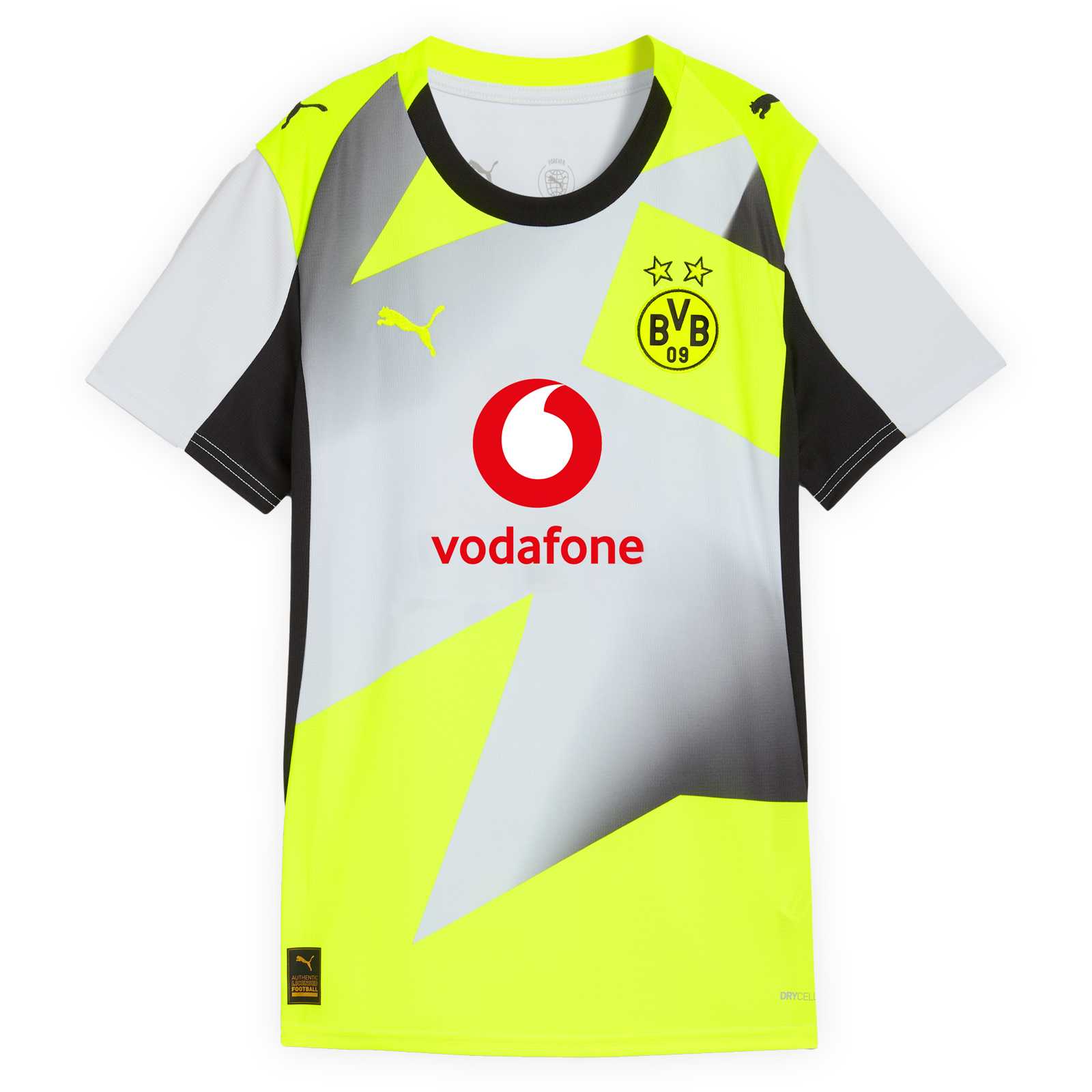 Vorderansicht des grau-schwarz-neon Auswärtstrikots mit rot-weißen Vodafone-Logo, BVB-Emblem und PUMA-Katze auf der Brust