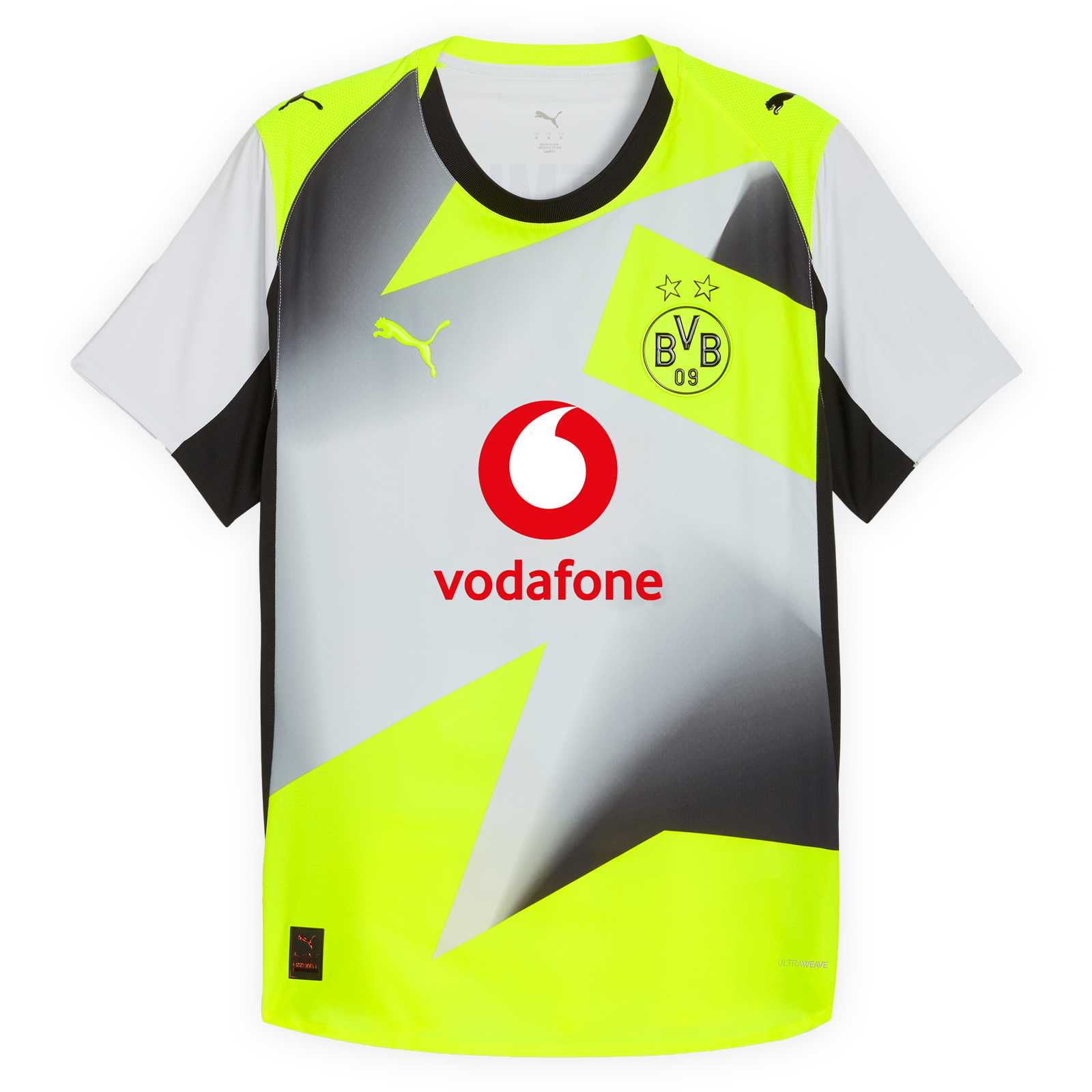 Vorderansicht des grau-schwarz-neon Auswärtstrikots mit rot-weißen Vodafone-Logo, BVB-Emblem und PUMA-Katze auf der Brust