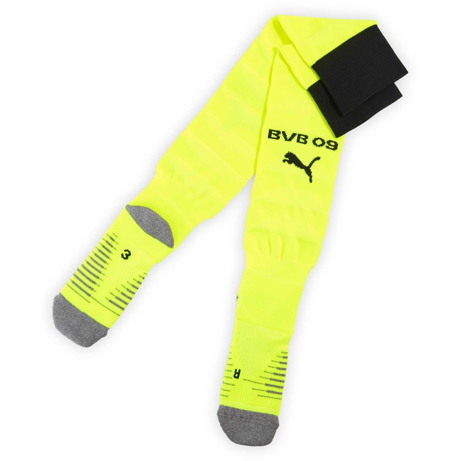 Neon-gelbe Stutzen mit schwarzem BVB-09-Schriftzug und PUMA-Katze auf dem Schienbein und grauen Zehen- und Fersenbereichen