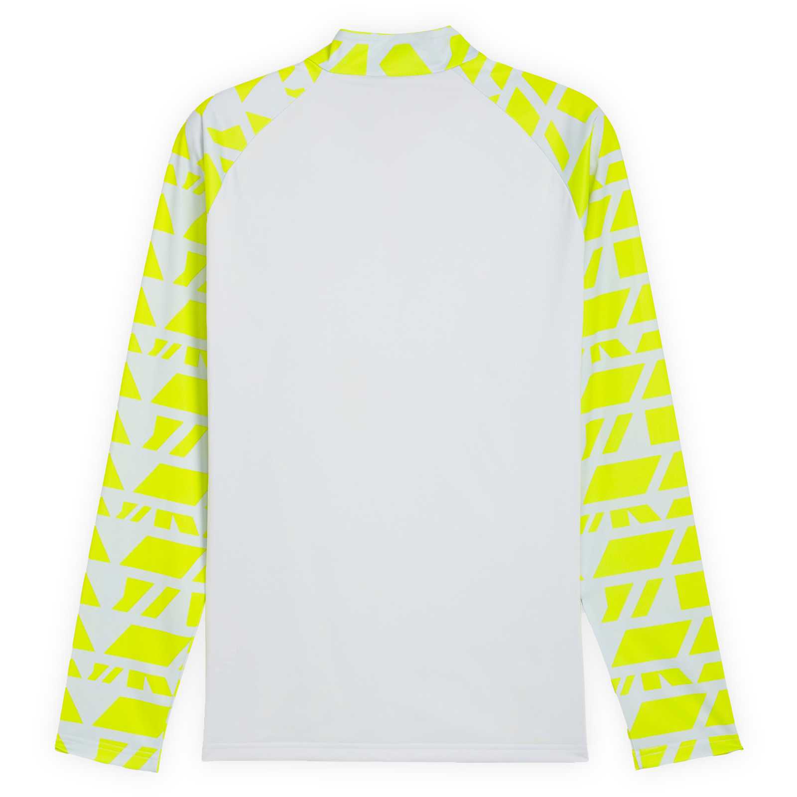 Rückansicht des langärmeligen Aufwärm-Shirts in silbergrau mit Neonmuster auf den Ärmeln