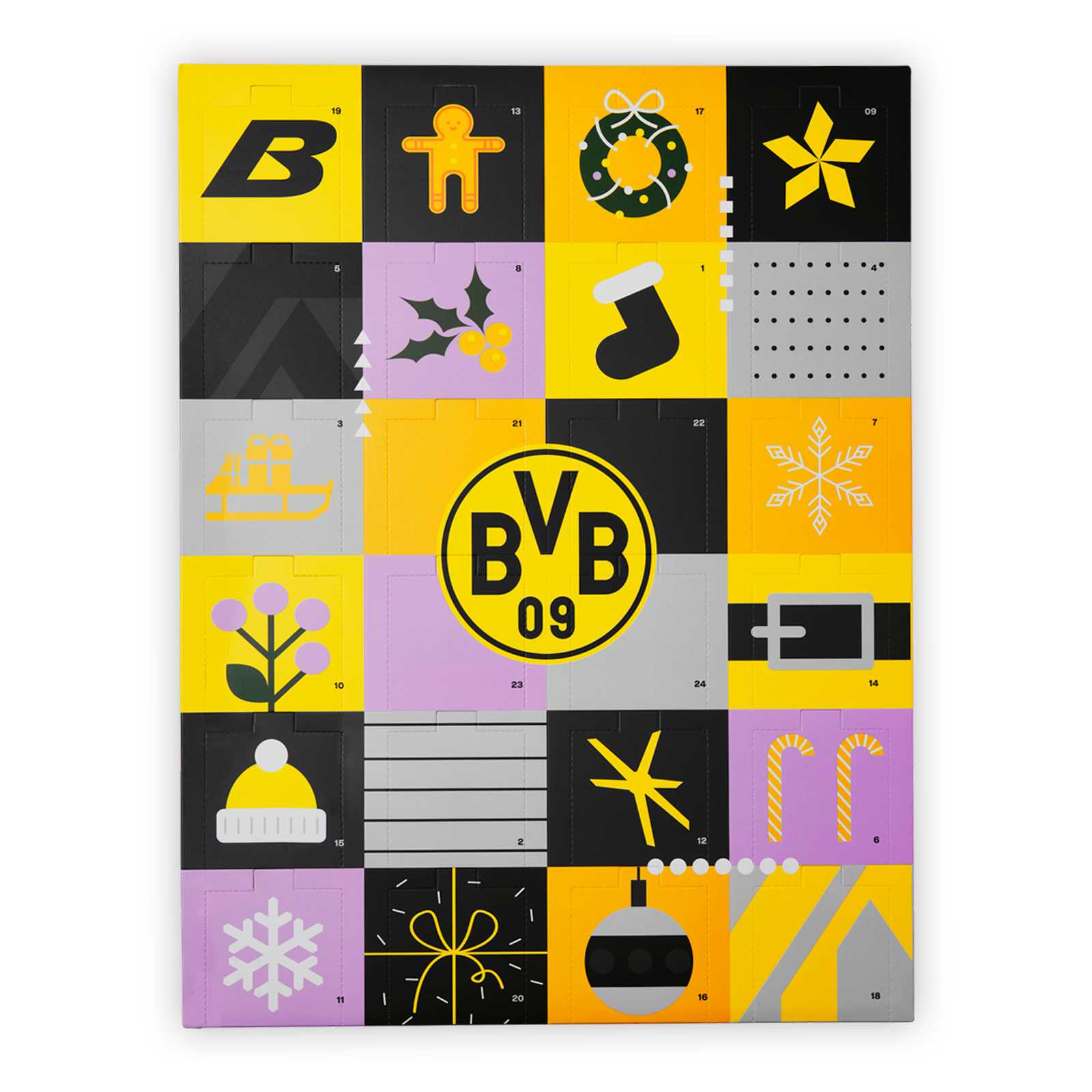 Vorderansicht des bunten Sockenkalenders mit den Türchen, einem BVB-Emblem in der Mitte und verschiedenen Bildern von Socken, Sternen und Weihnachstschmuck