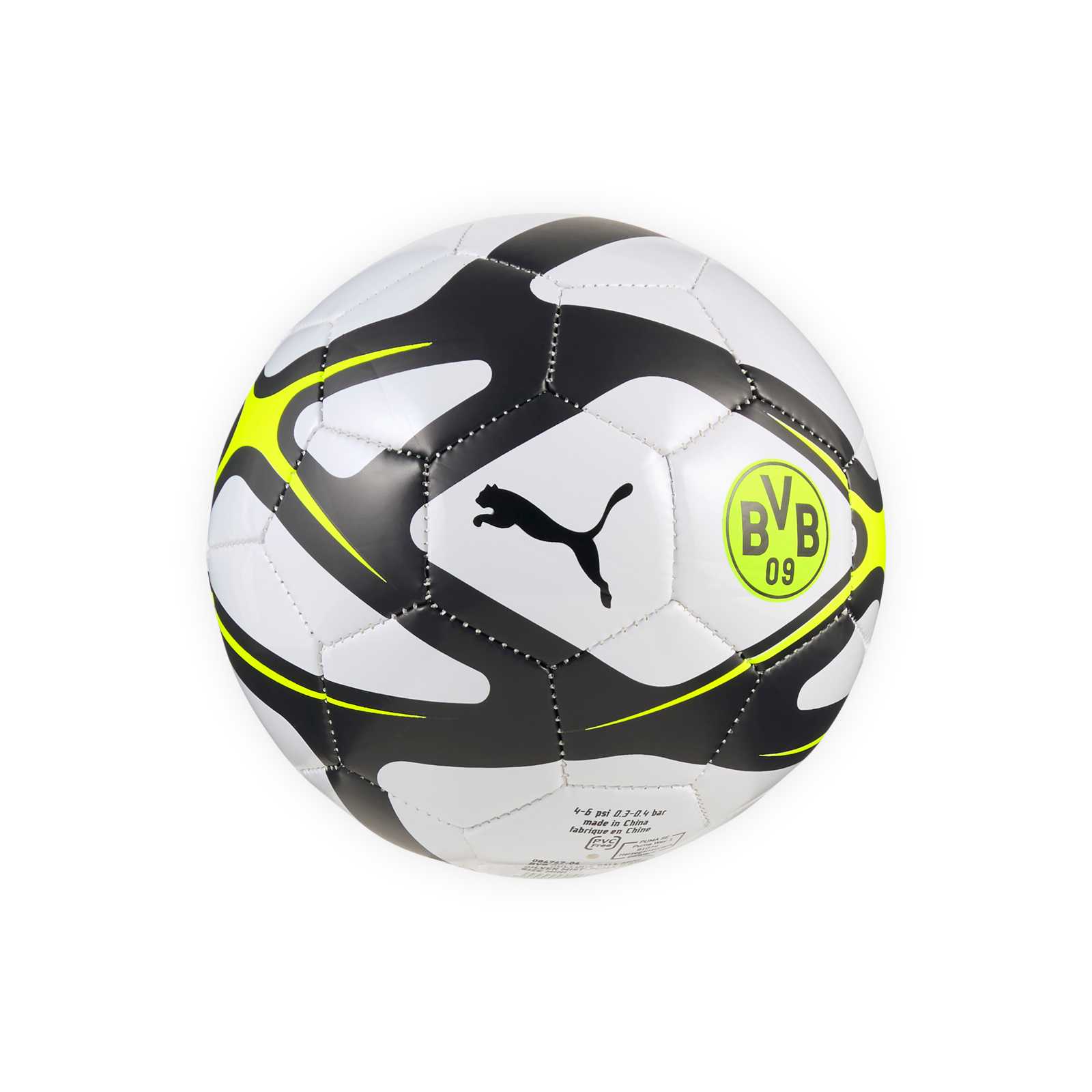 Seitenansicht vom BVB Ball in Silbergrau mit Neongelben und schwarzen Akzenten, schwarzer PUMA-Katze und BVB-Emblem in Neongelb