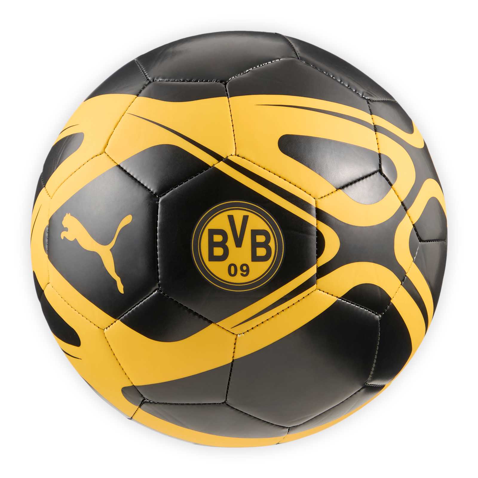 BVB Ball in Schwarz mit dunkelgelben Akzenten, gelber PUMA-Katze und gelbem BVB-Retro-Emblem