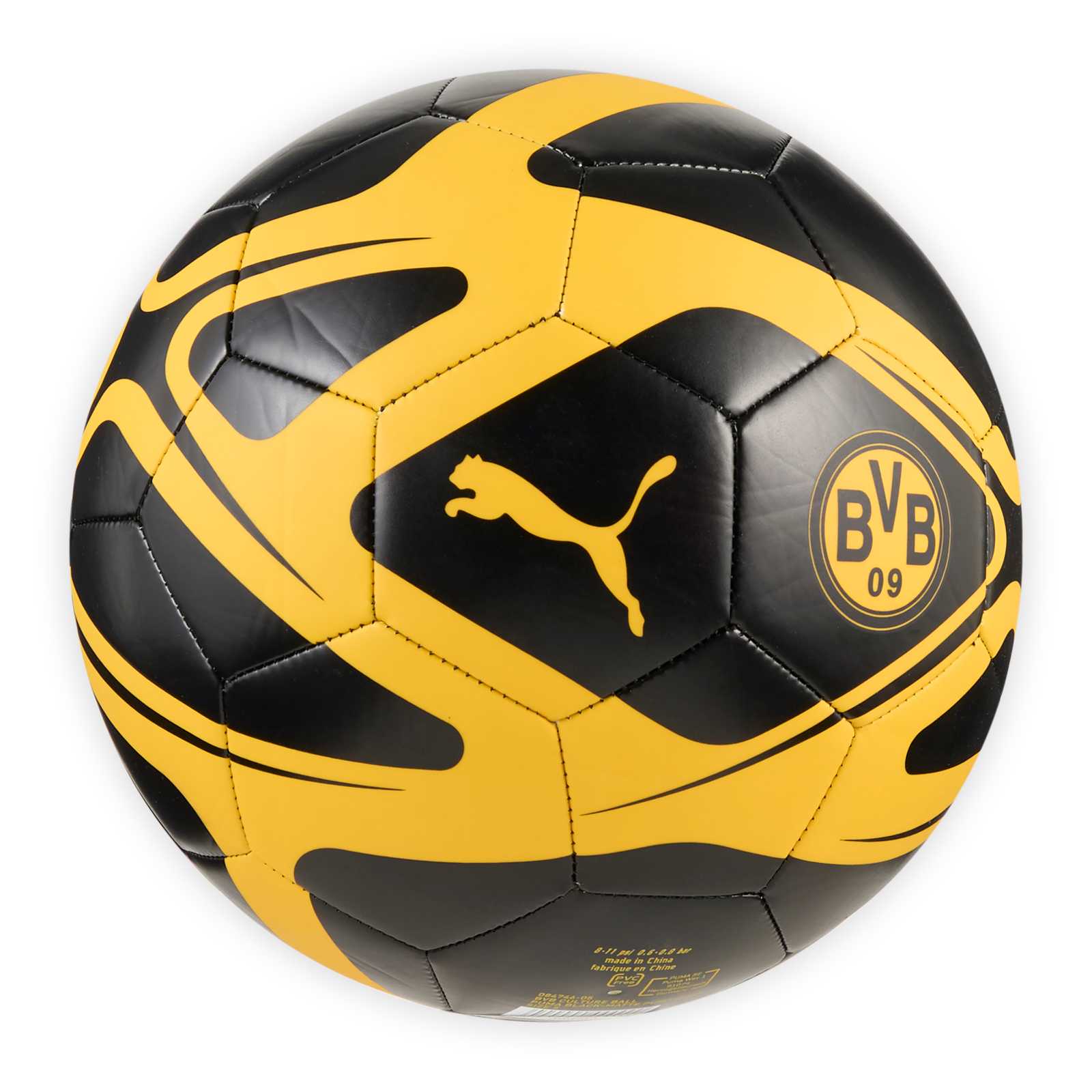 Seitenansicht vom BVB Ball in Schwarz mit dunkelgelben Akzenten, gelber PUMA-Katze und gelbem BVB-Retro-Emblem