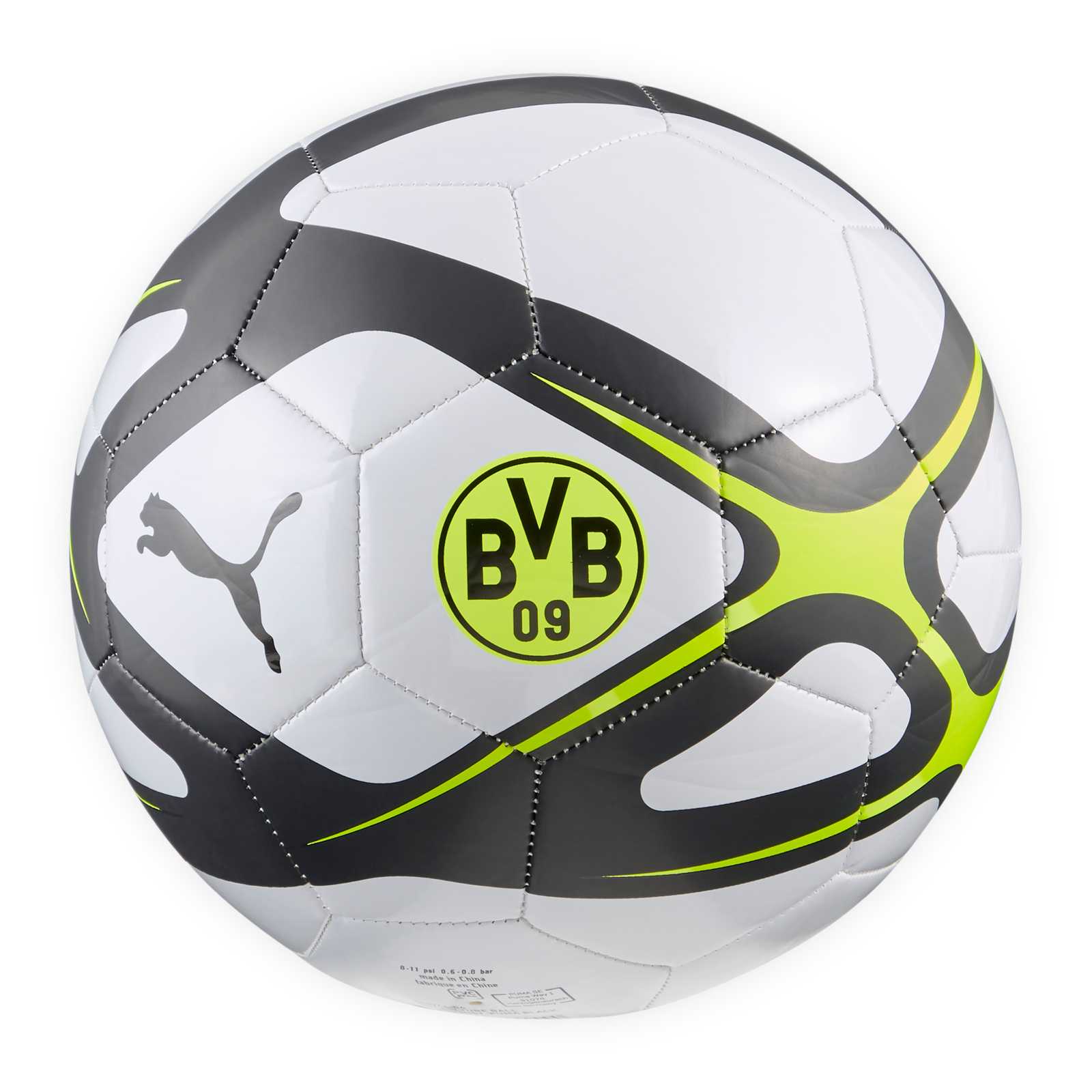 BVB Ball in Silbergrau mit Neongelb-Akzenten, schwarzer PUMA-Katze und BVB-Emblem in Neongelb