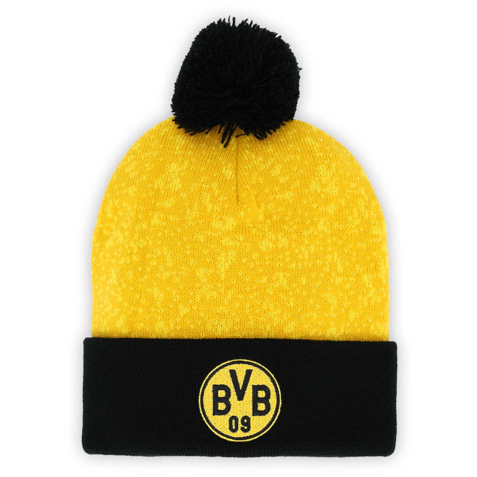 Vorderansicht der gelben Bommelmütze mit leichtem Pixel-Muster, schwarzer Bommel und schwarzer Krempe mit BVB-Emblem