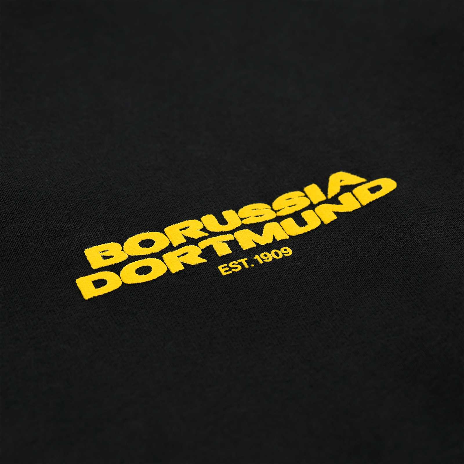 Detailansicht des großen gelben Borussia Dortmund est. 1909-Schriftzugs auf dem Rücken