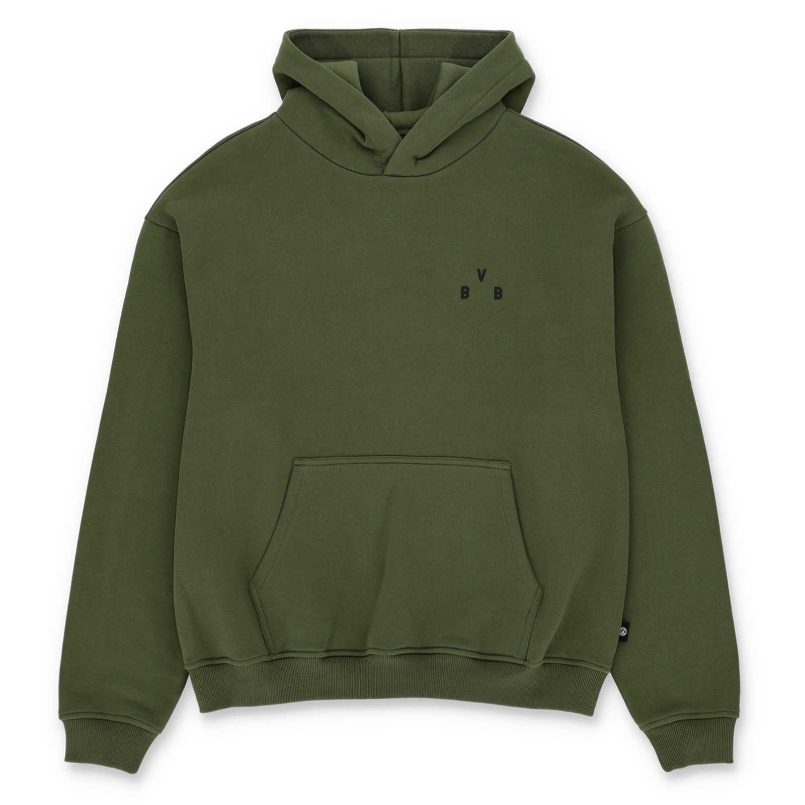 Vorderansicht des Hoodies in petrol mit Kängurutaschen und kleinen schwarzen BVB Buchstaben auf der Brust