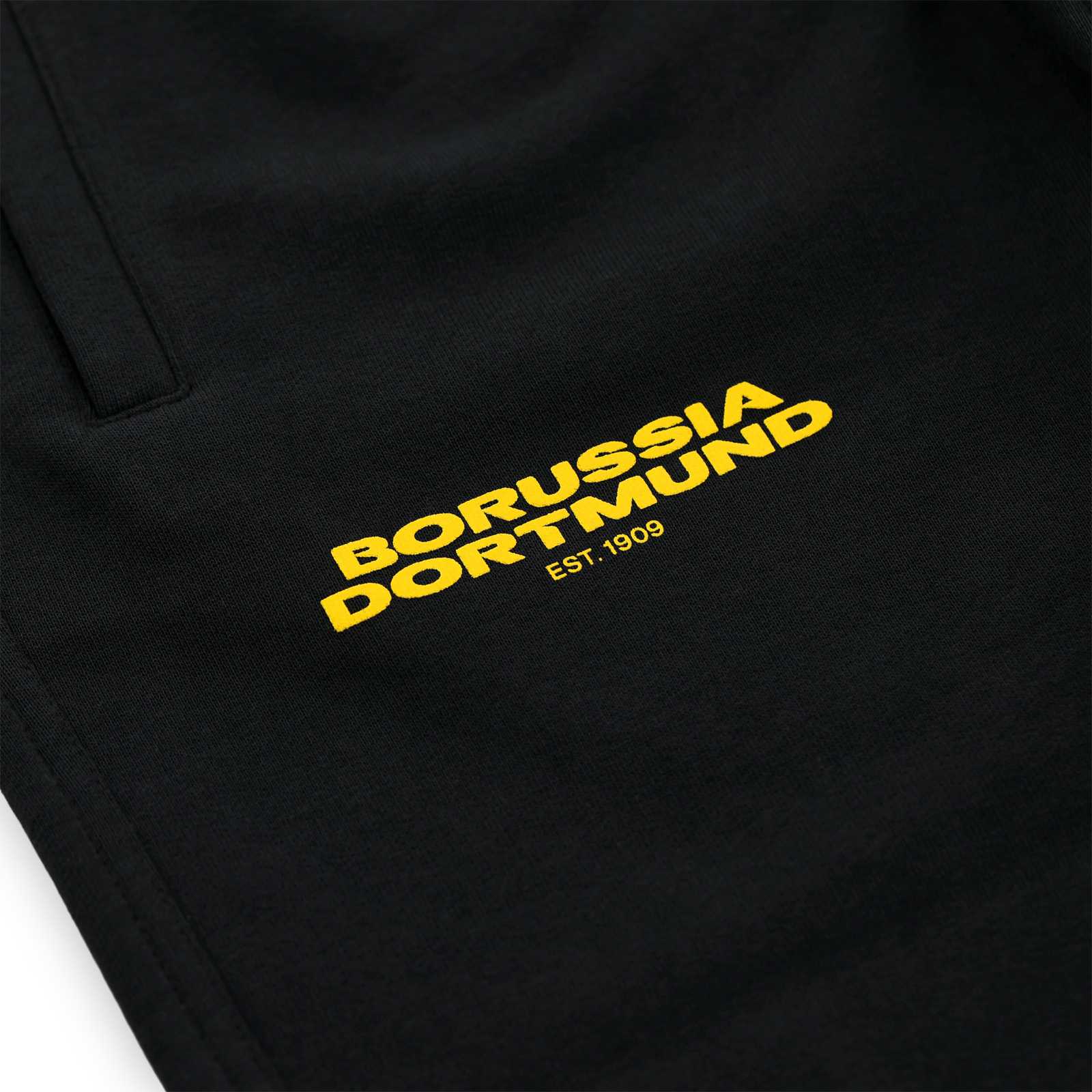 Detailansicht des gelben Borussia Dortmund est. 1909 Schriftzugs auf dem Bein