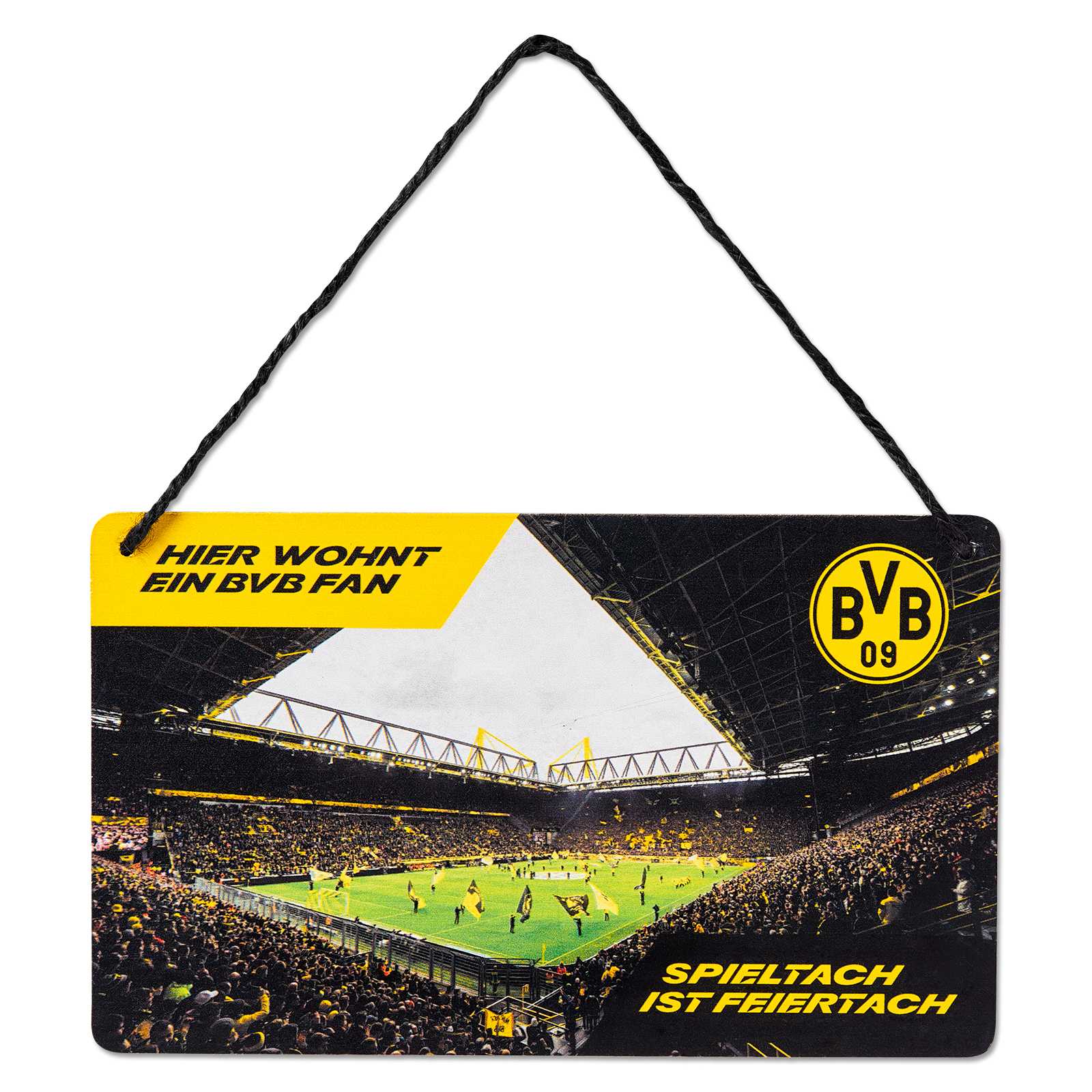 Vorderansicht des Türschildes mit Innenansicht des SIGNAL IDUNA PARK und den Schriftzügen „Hier wohnt ein BVB Fan“ und „Spieltach ist Feiertach“