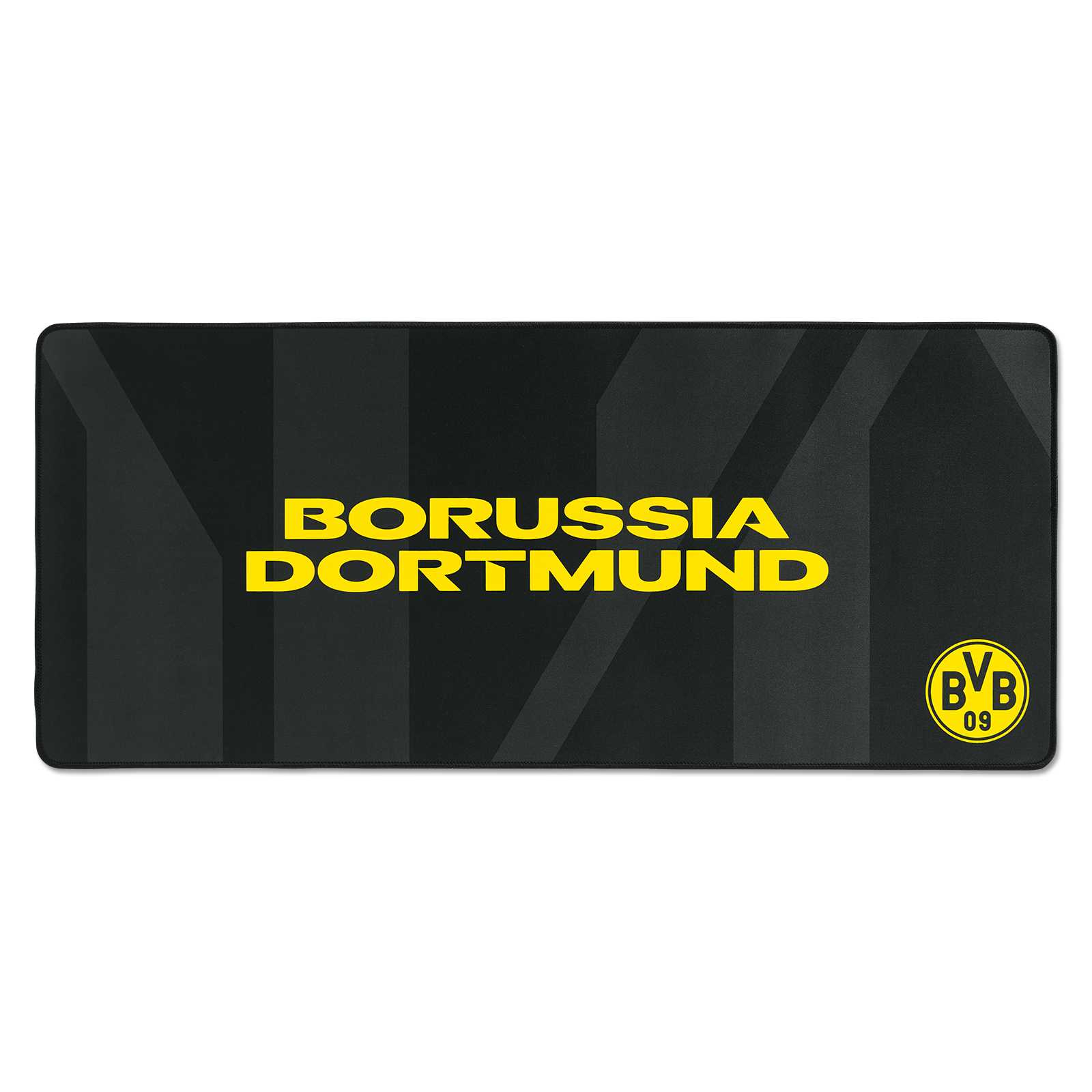 Vorderseite des schwarzen Mousepads mit gelber Aufschrift "Borussia Dortmund" und BVB-Logo unten rechts in der Ecke.