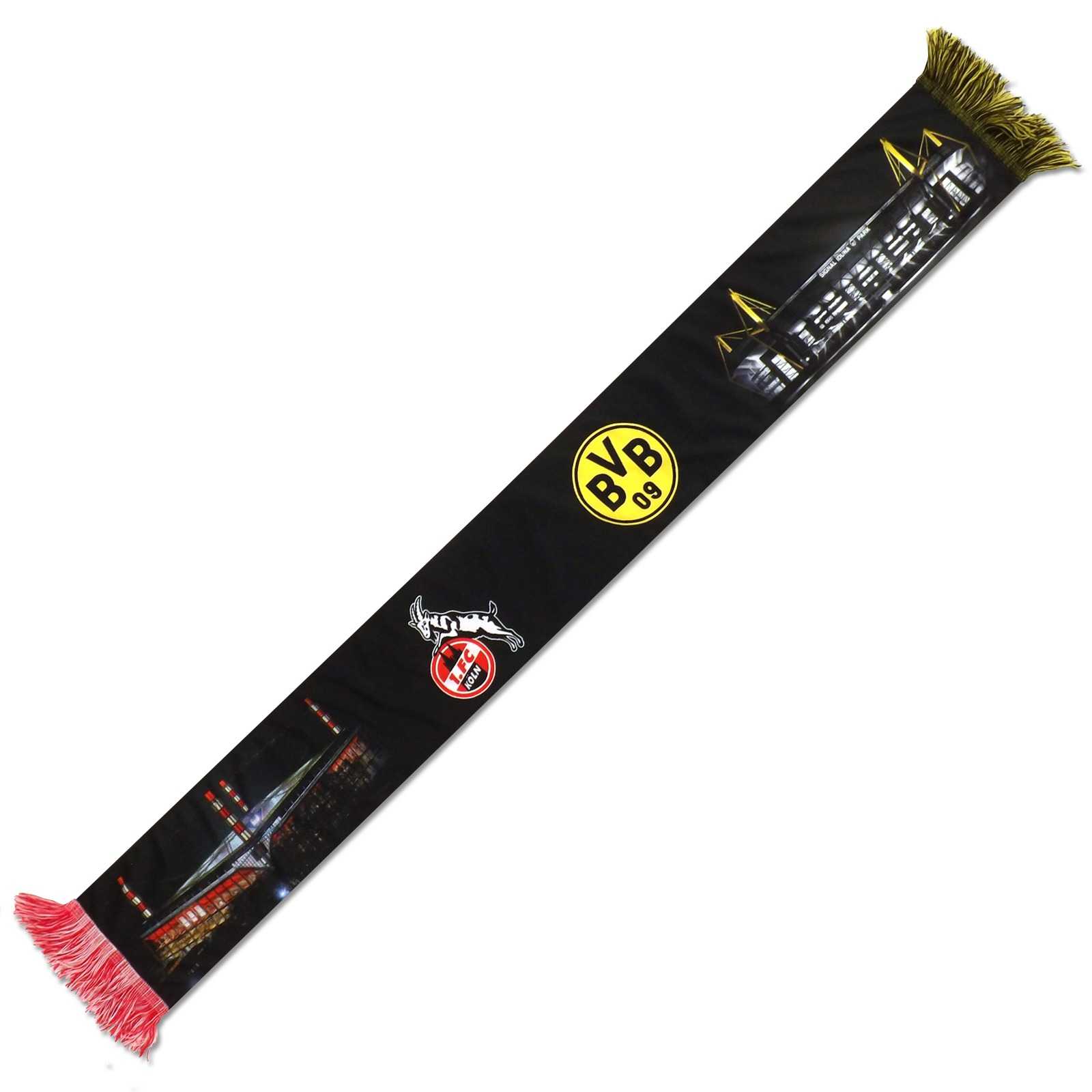 Schwarze Rückansicht des Schals mit beiden Vereins-Emblemen und Bildern der Stadien.
