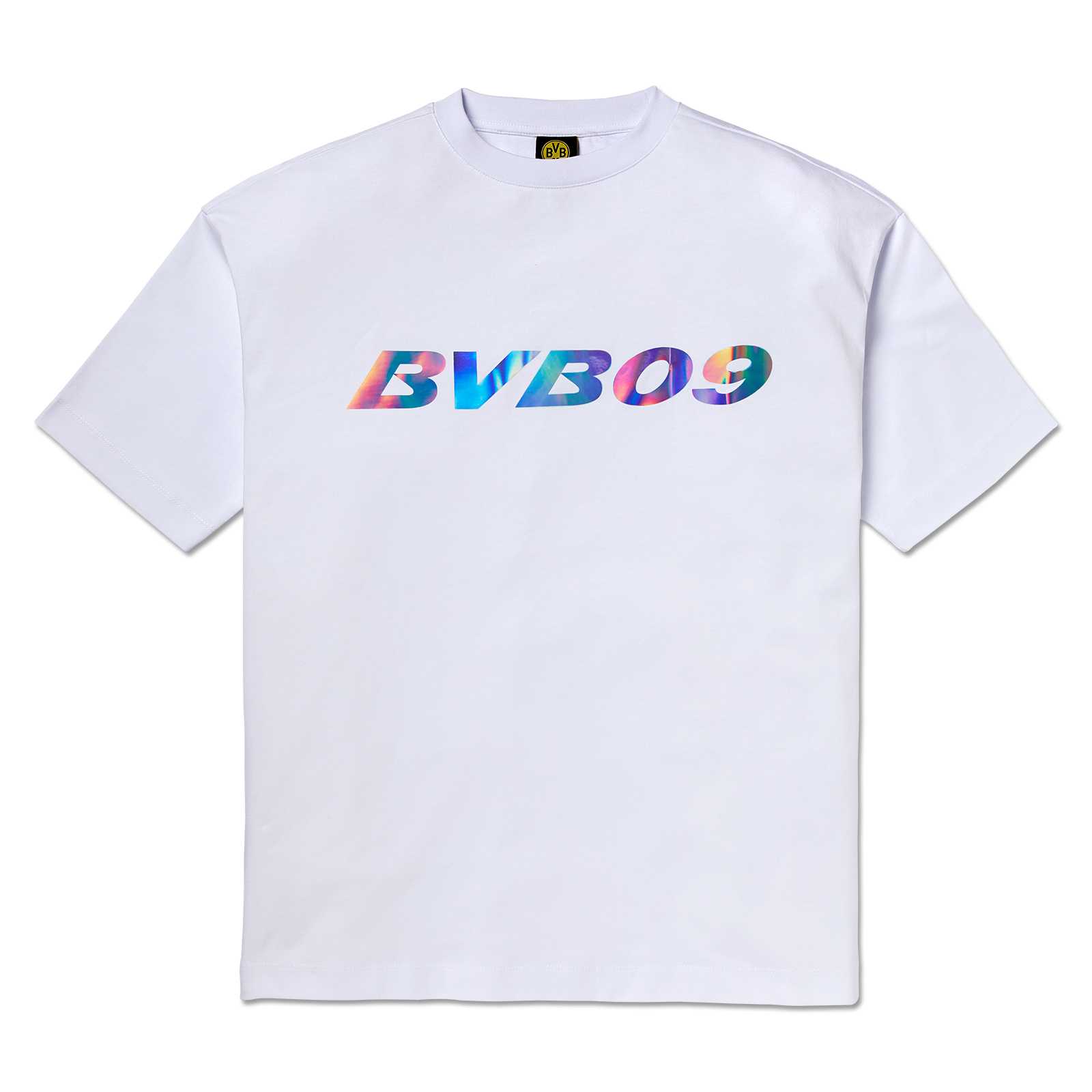 Vorderansicht des weißen T-Shirts mit funkelndem BVB 09 Schriftzug auf der Brust