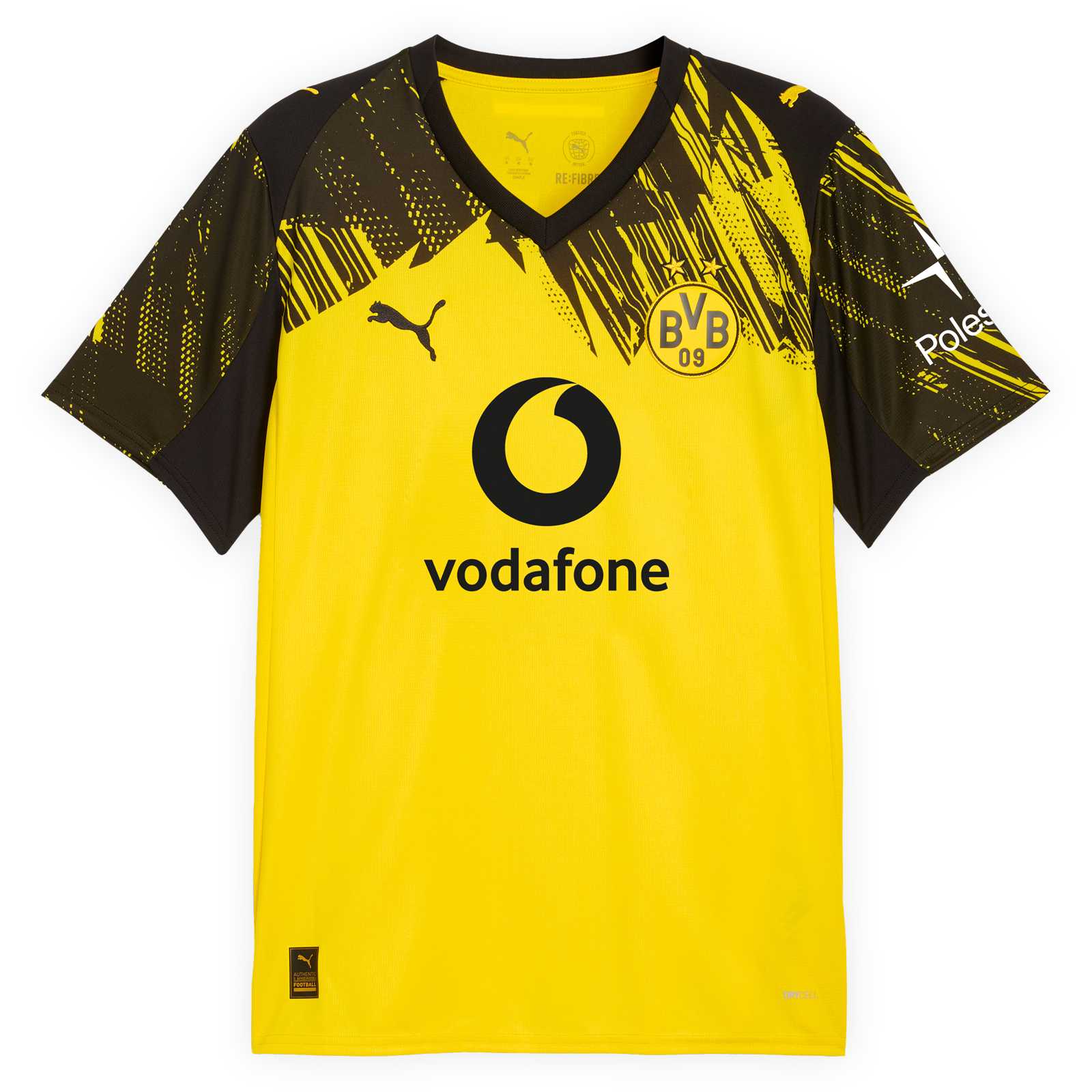 Vorderansicht des gelben BVB Heimtrikots 25/26 mit schwarzem Schraffurmuster auf den Ärmeln und im Kragenbereich, V-Ausschnitt, Vodafone-Logo mittig auf dem Brustbereich, darüber links das PUMA-Logo und rechts das BVB-Logo
