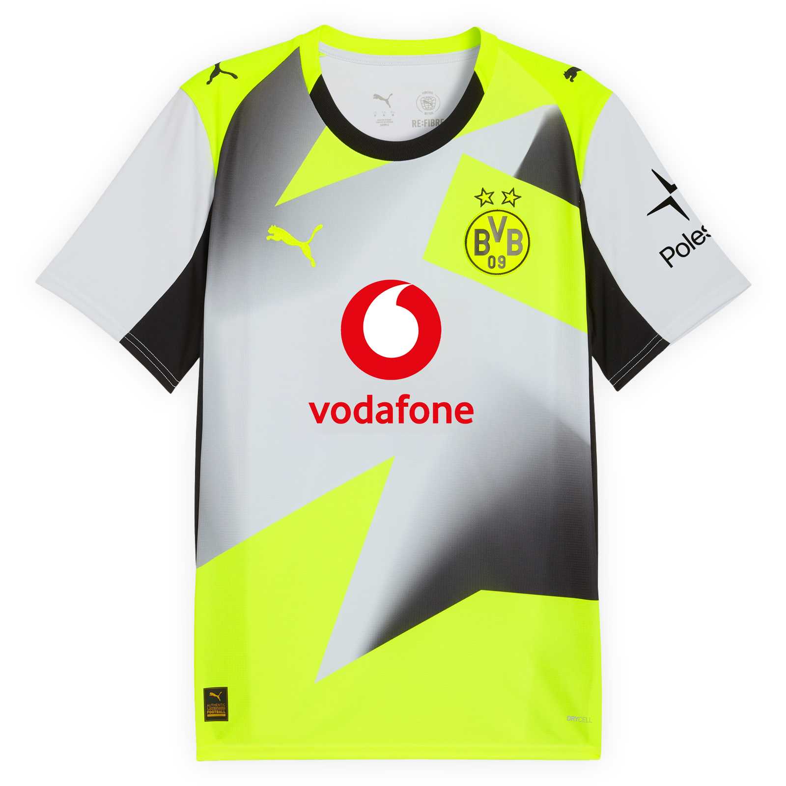 Vorderansicht des grau-schwarz-neongelben Auswärtstrikots mit rot-weißen Vodafone-Logo, BVB-Emblem und PUMA-Katze auf der Brust