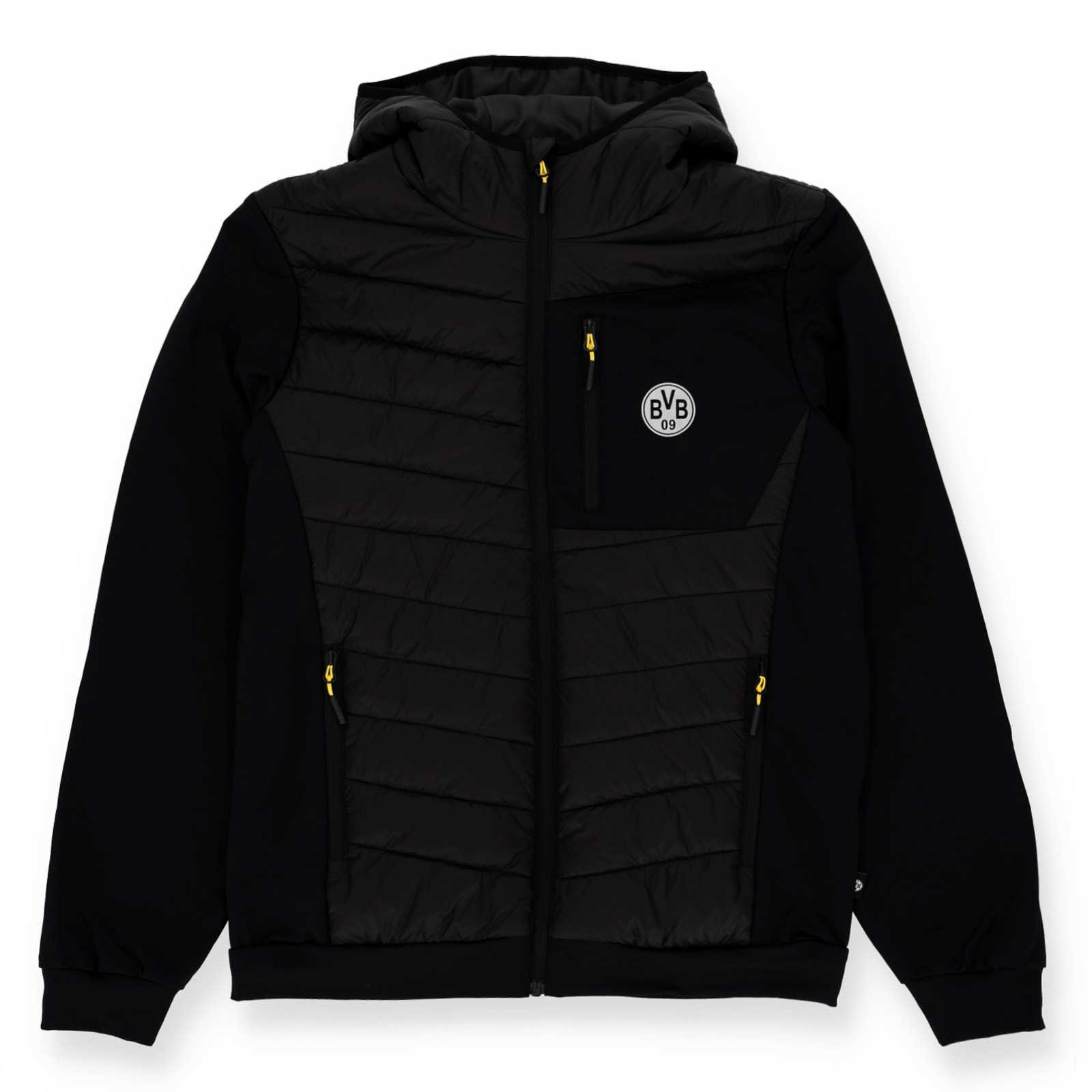Vorderansicht der schwarzen BVB Stadionjacke mit silbernem BVB-Logo und schwarzgelben Reißverschluss-Zippern