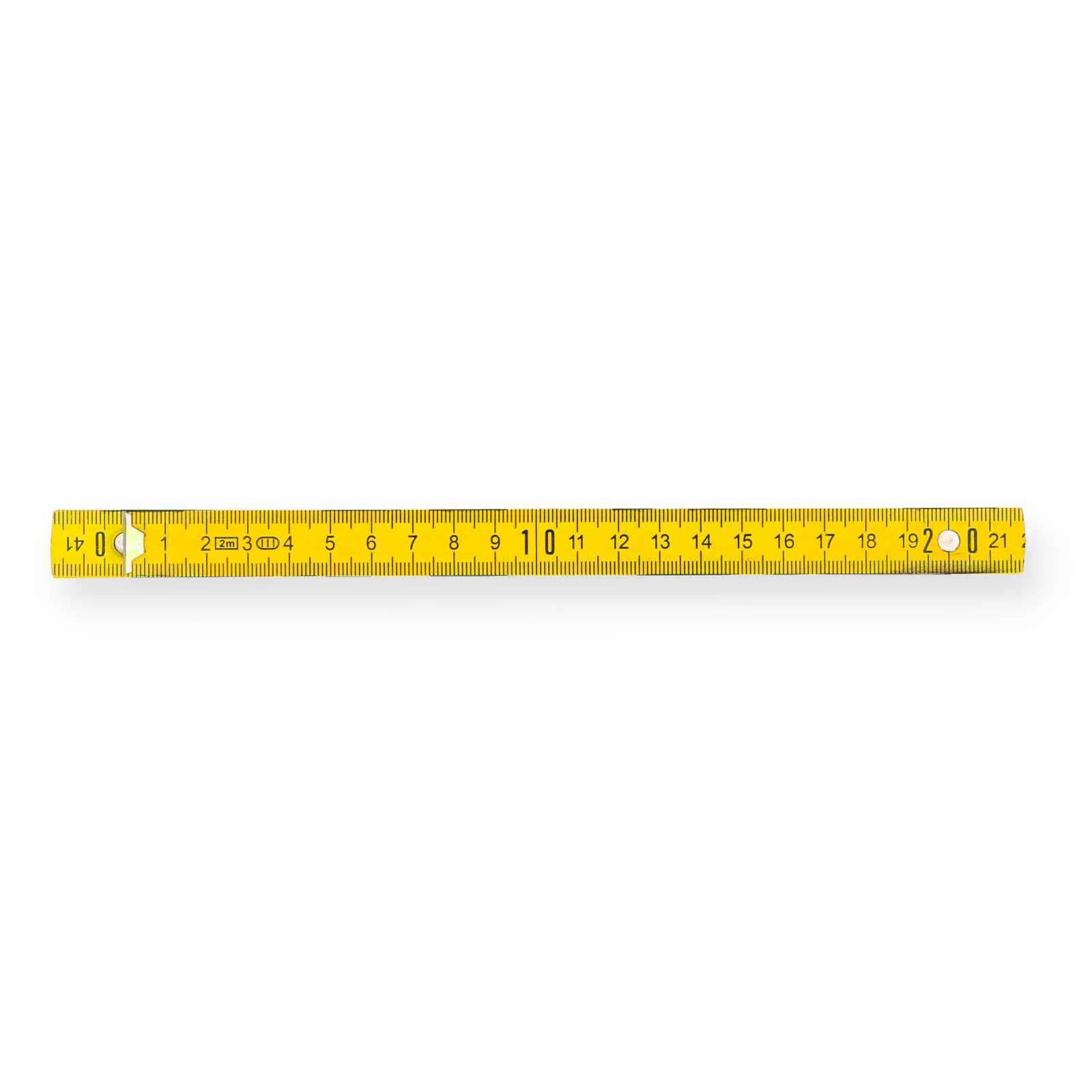 Detailansicht der ersten Schiene des gelben Zollstocks mit den Maßen von 0 bis 21 cm