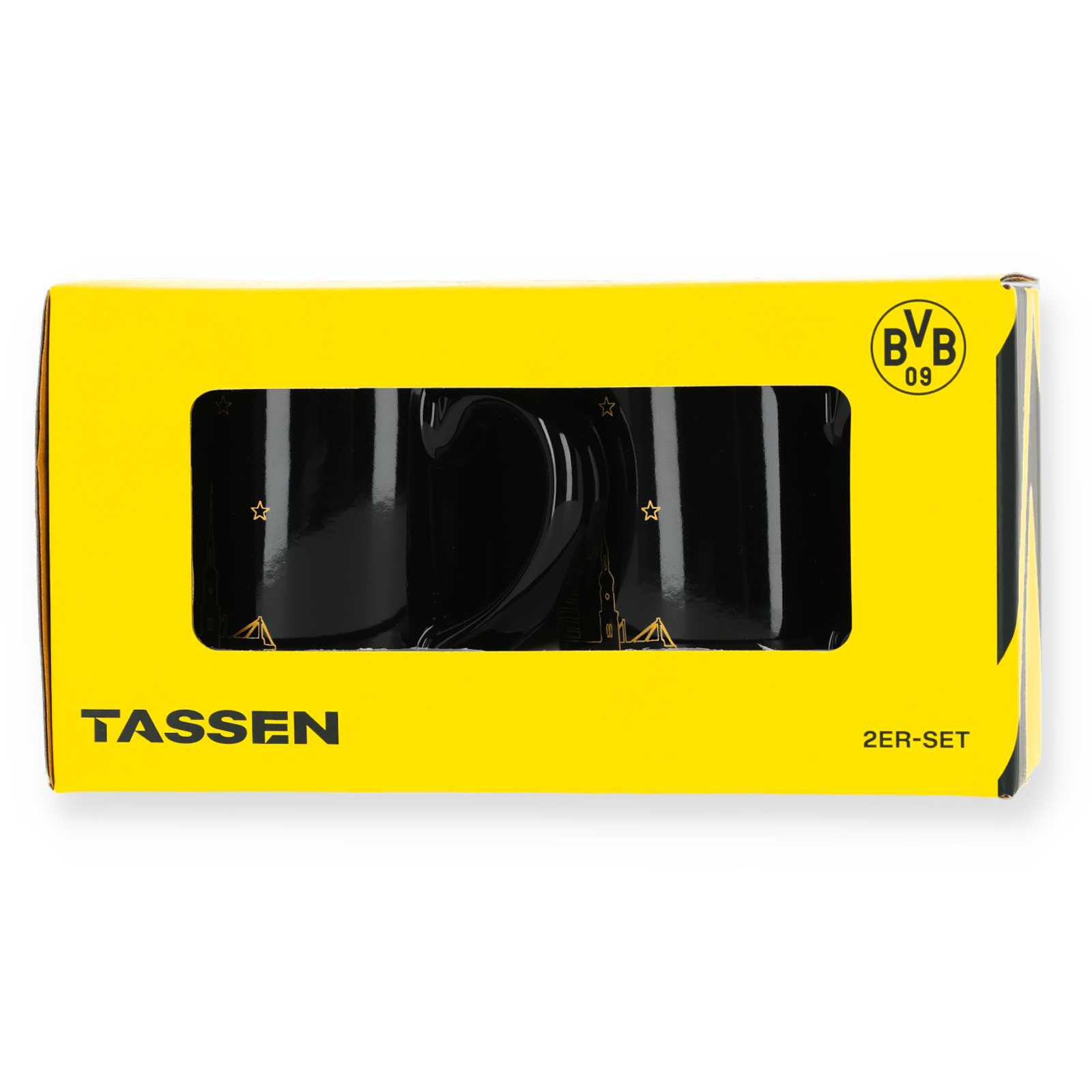 Schwarze BVB Tassen nebeneinander in gelber Verpackung von vorne.