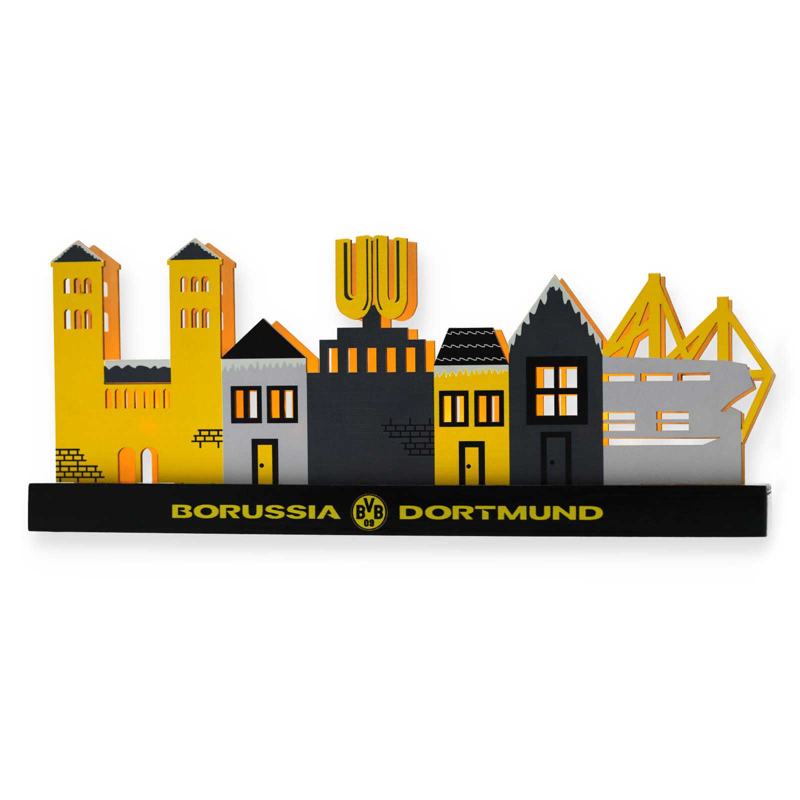 Vorderansicht der Dortmunder Skyline als BVB Weihnachtsdorf.