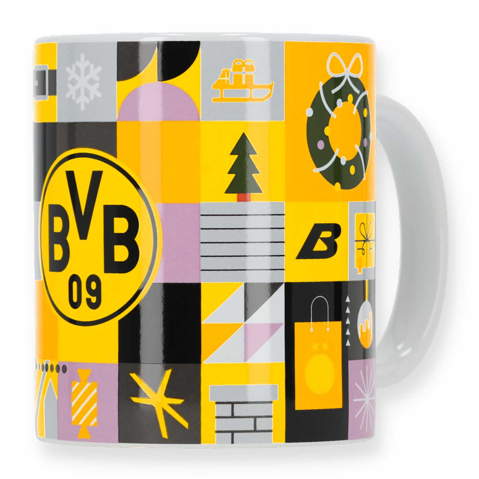 Vorderansicht der bunten Weihnachtstasse mit BVB-Logo und verschiedenen Motiven.