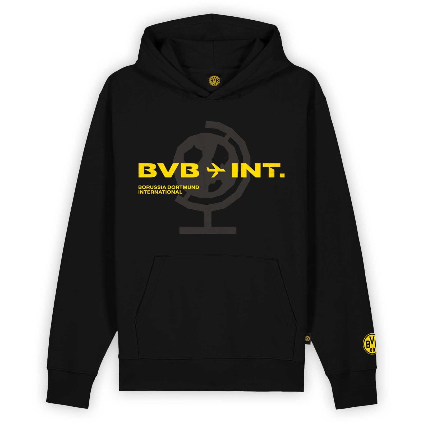 Vorderansicht des schwarzen BVB-Hoodies mit gelbem Frontprint.