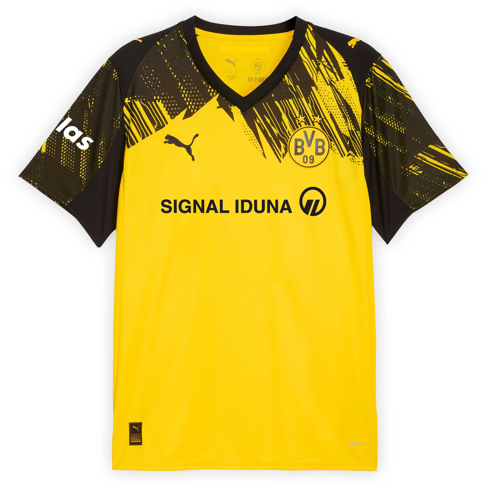 Vorderansicht des gelben BVB Heimtrikots 25/26 Handball mit schwarzem Schraffurmuster auf den Ärmeln und im Kragenbereich. Mit SIGNAL IDUNA-Logo auf der Brust, darüber links das PUMA-Logo und rechts das BVB-Logo, Atlas-Logo auf dem Ärmel