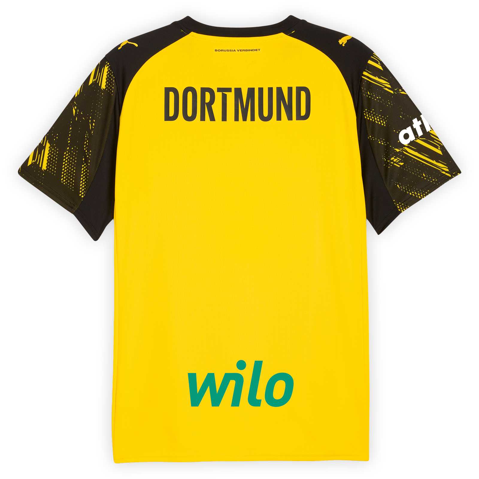 Rückansicht des gelben BVB-Heimtrikot 25/26 Handball mit schwarzem Schraffurmuster auf den Ärmeln, schwarzem DORTMUND-Schriftzug auf dem oberen Rücken und Wilo-Logo auf dem unteren Rücken sowie Atlas-Logo auf dem Ärmel