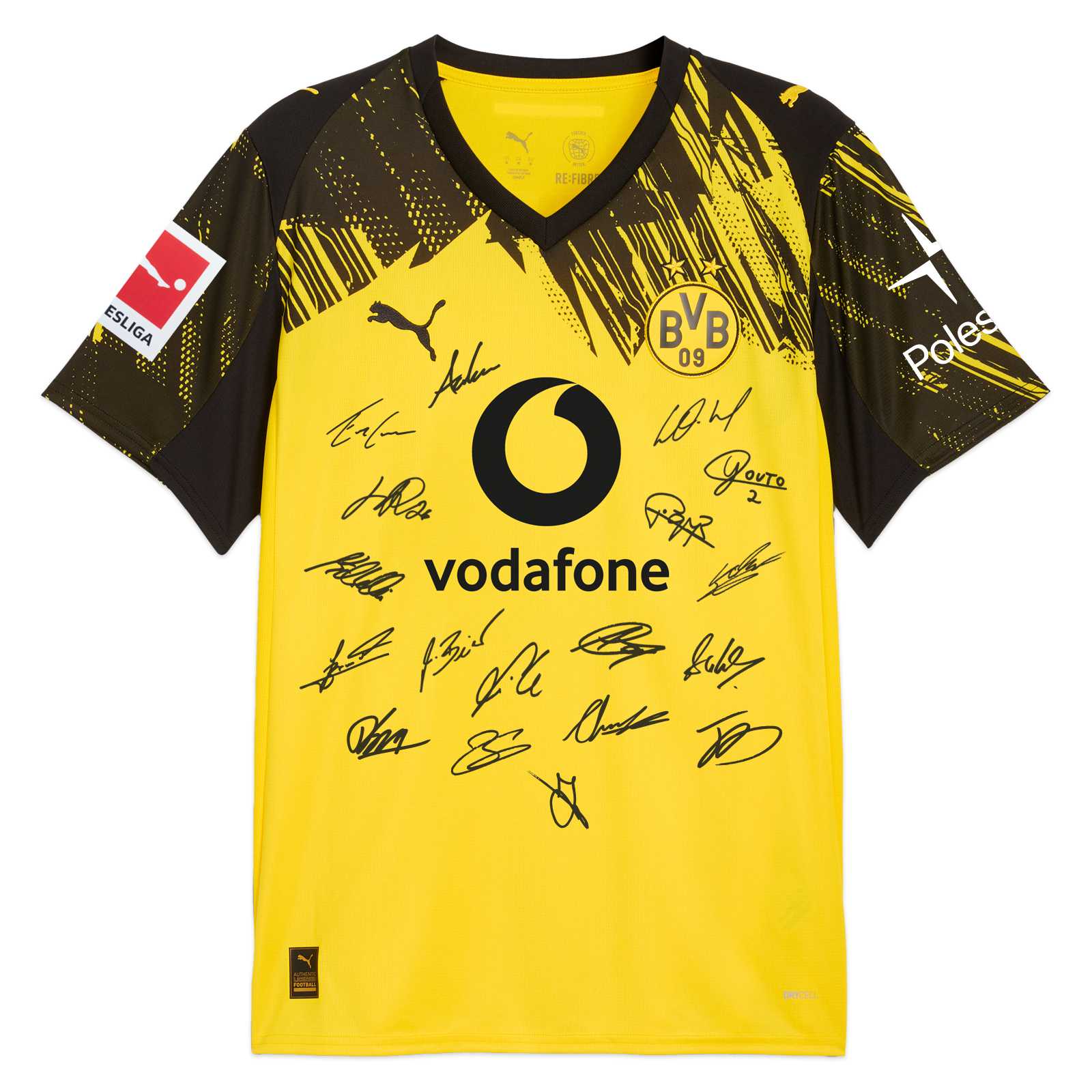 Vorderansicht des gelben Heimtrikots mit schwarzem Muster auf den Ärmeln und am Kragen, V-Ausschnitt, Vodafone-Logo mittig auf dem Brustbereich, links das PUMA-Logo und rechts das BVB-Logo sowie Signaturen eines Großteils des Kaders auf dem Bauchbereich.