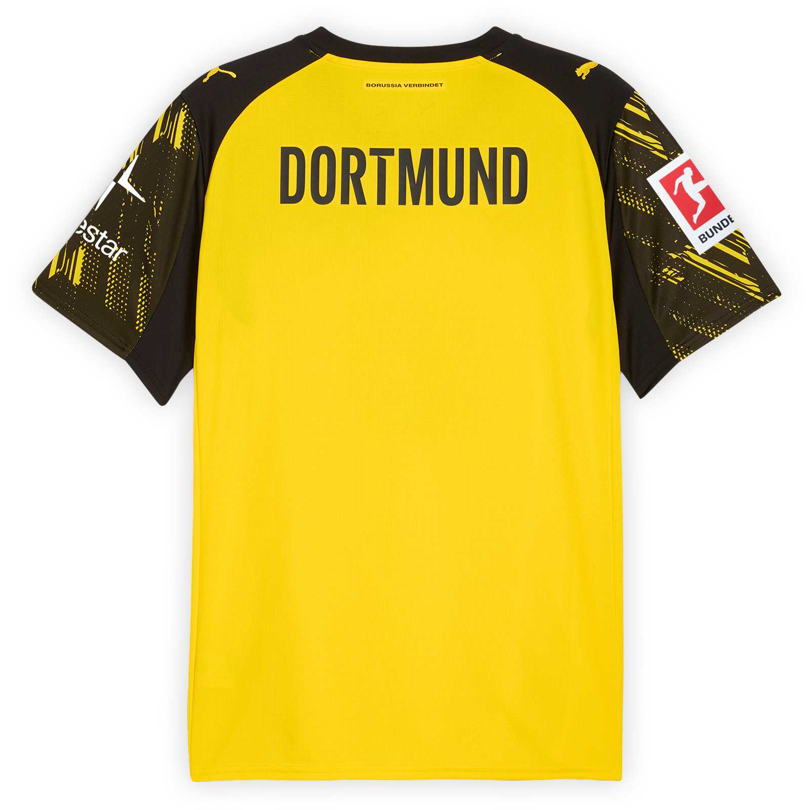 Rückansicht des gelben BVB-Heimtrikot 25/26 mit schwarzem Schraffurmuster auf den Ärmeln und schwarzem DORTMUND-Schriftzug auf dem oberen Rücken und dem Ligalogo