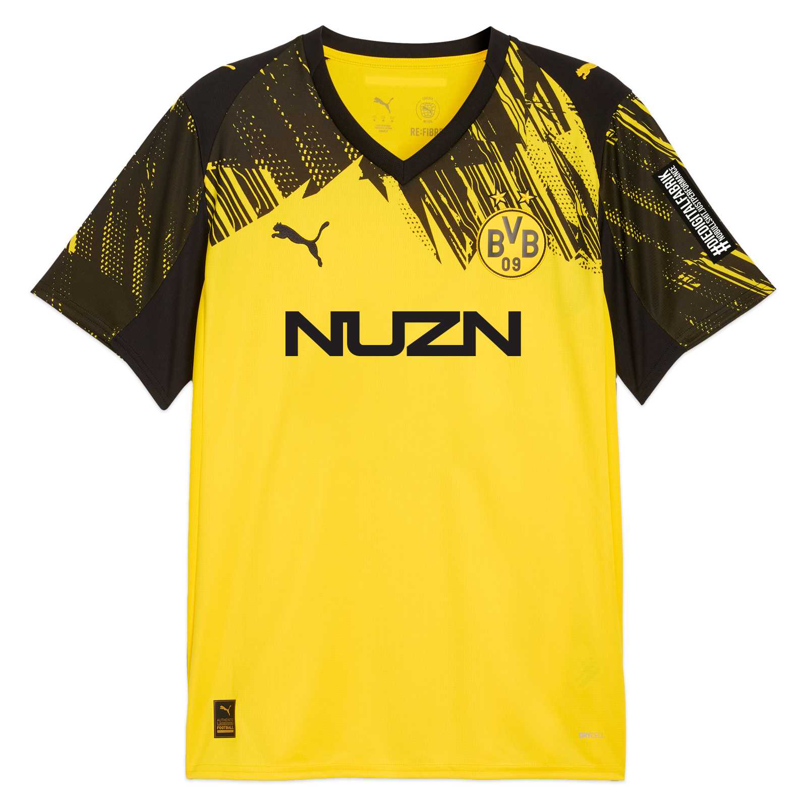 Vorderansicht des neuen BVB Heimtrikots 25/26 mit PUMA- und NUZN-Sponsor.
