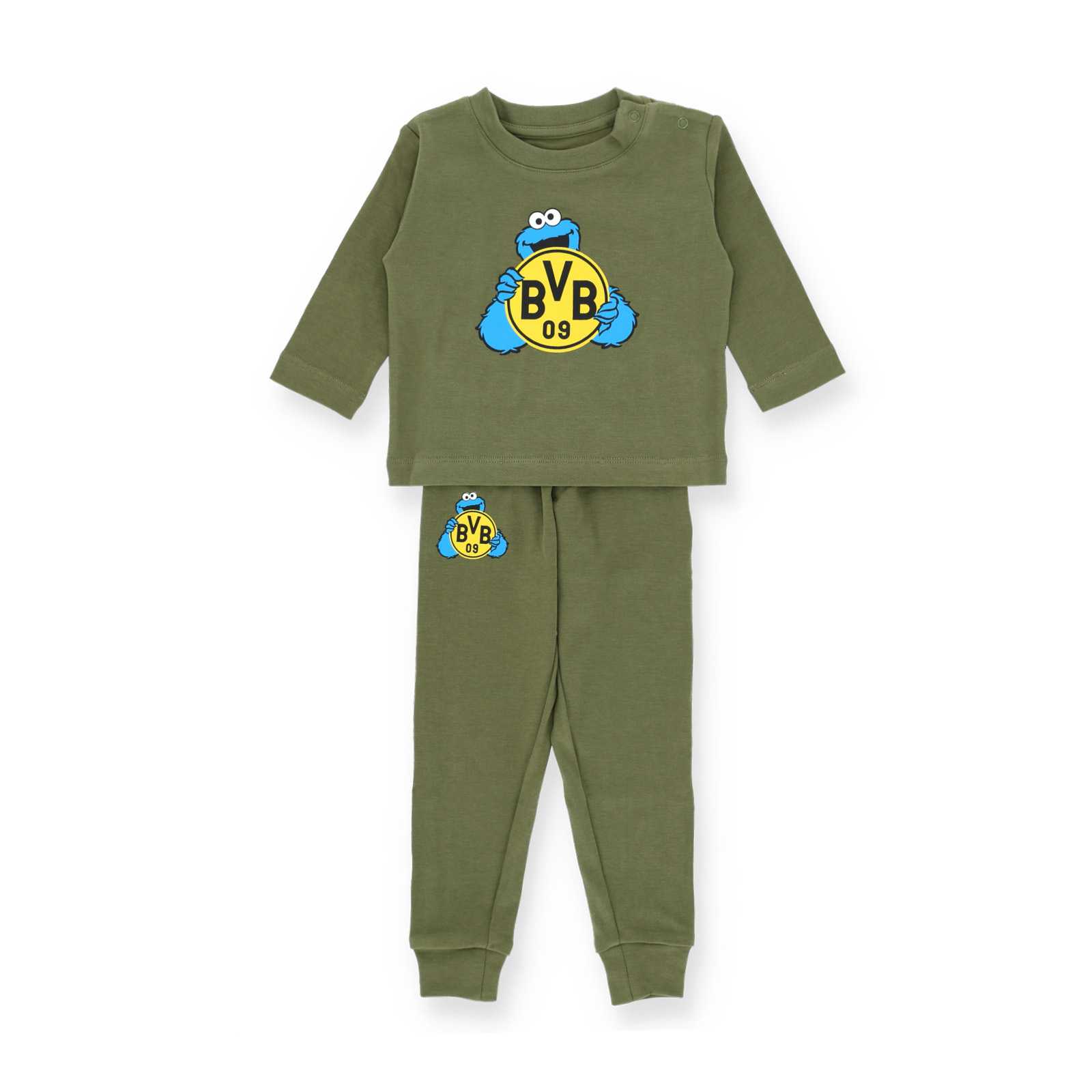 Vorderansicht des grünen Jogginganzugs mit dem Aufdrucks des Krümelmonsters, welches das BVB-Logo in den Händen hält.